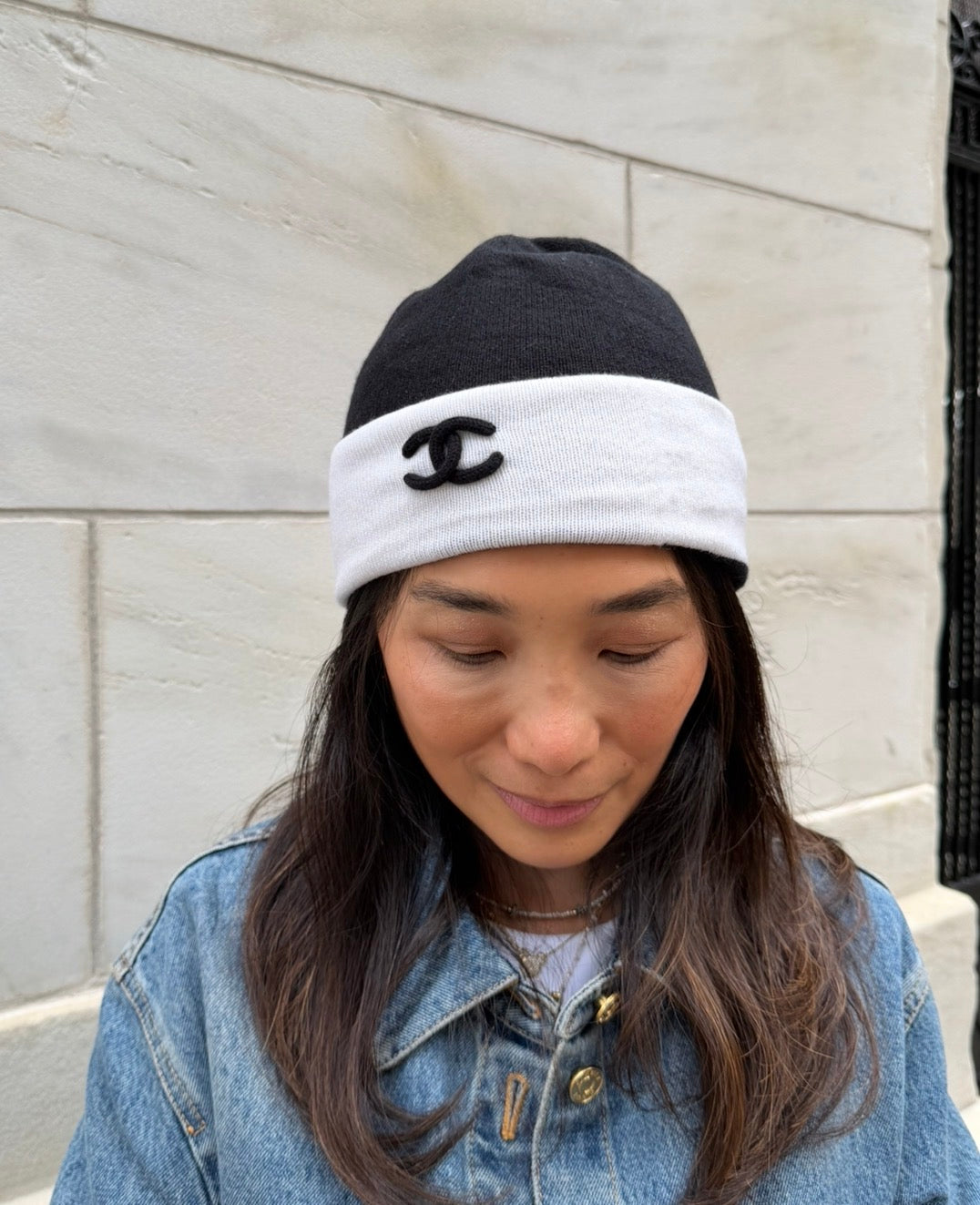 Chanel Black with White Beanie Black CC Logo