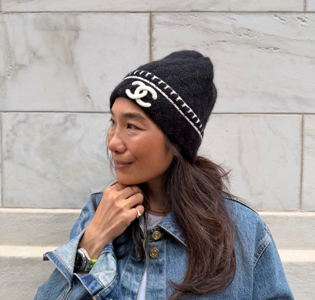 Chanel Black with White CC Logo Beanie