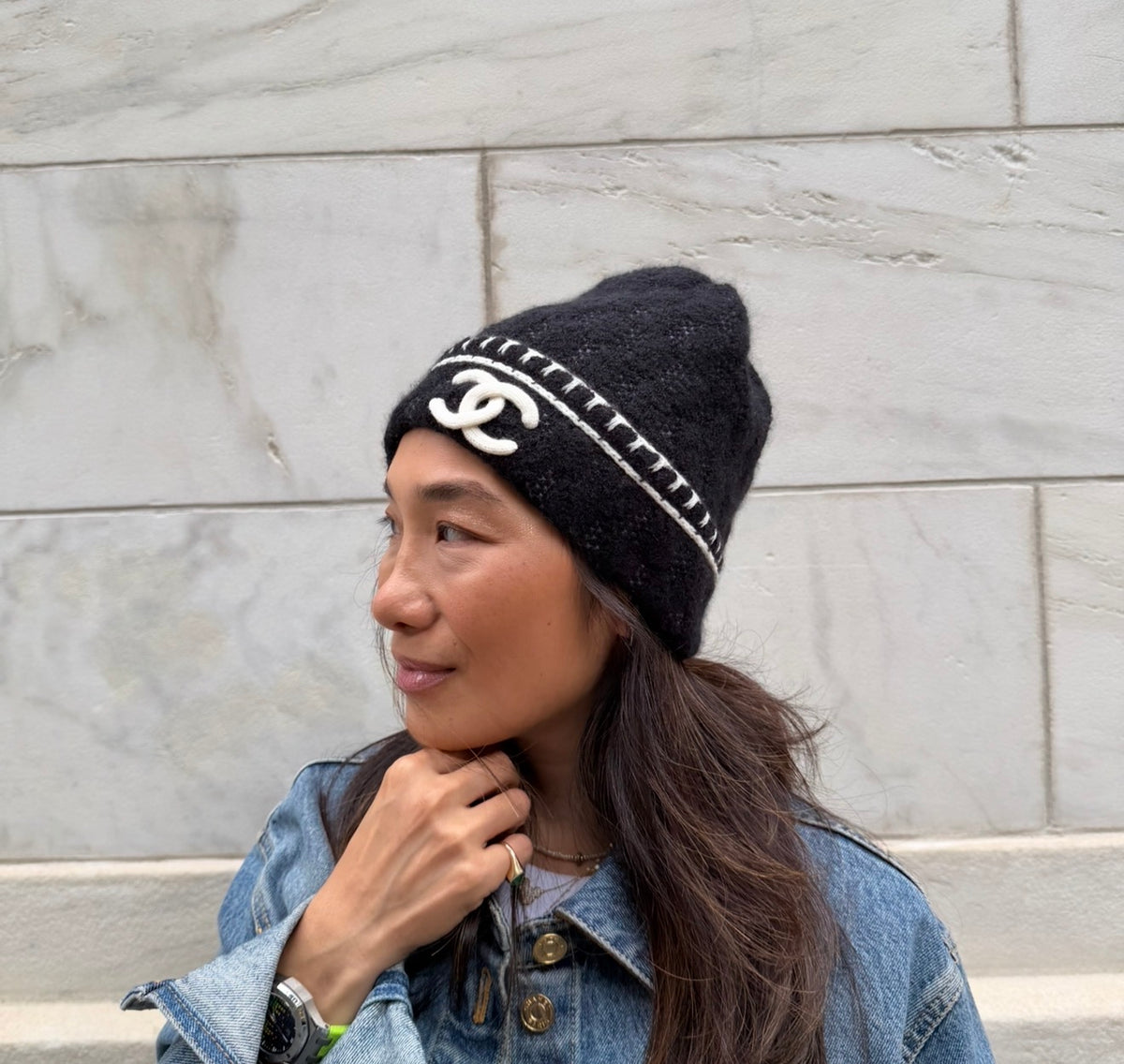 Chanel Black with White CC Logo Beanie