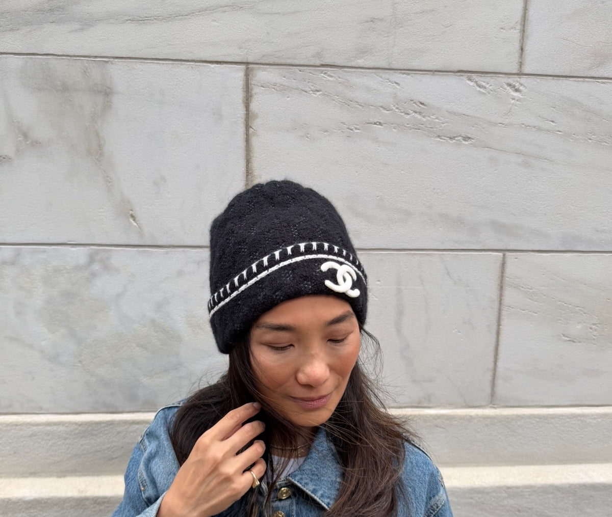 Chanel Black with White CC Logo Beanie
