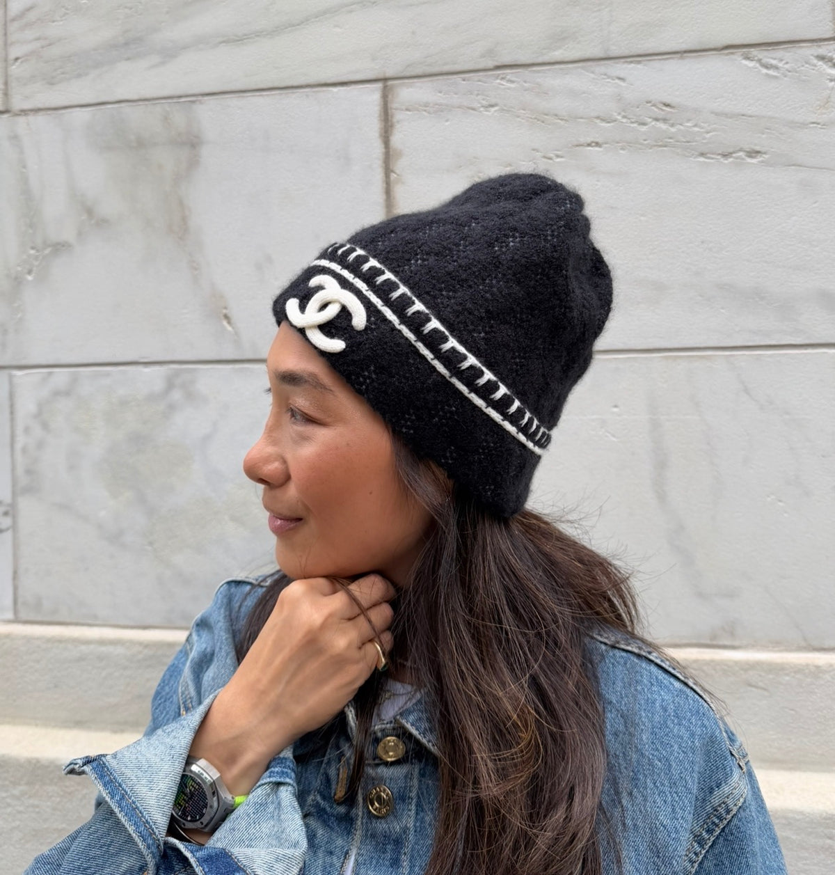 Chanel Black with White CC Logo Beanie