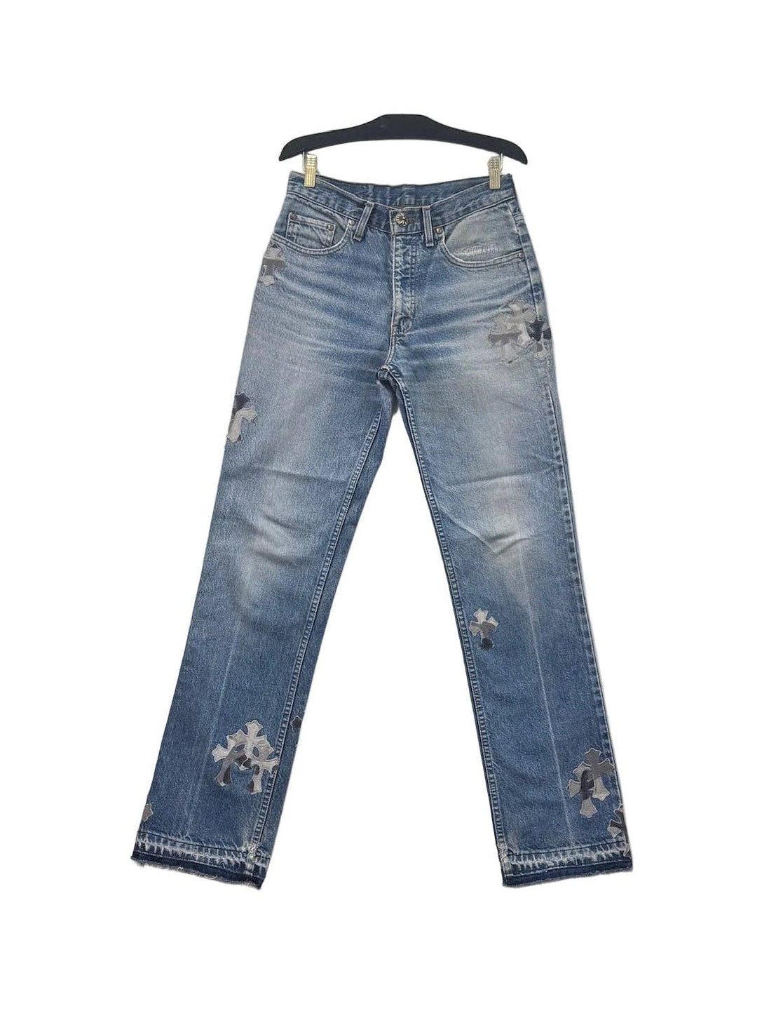 Chrome Hearts x Levi's Light Blue Jeans Gray White Camo Print Cross Leather Patch