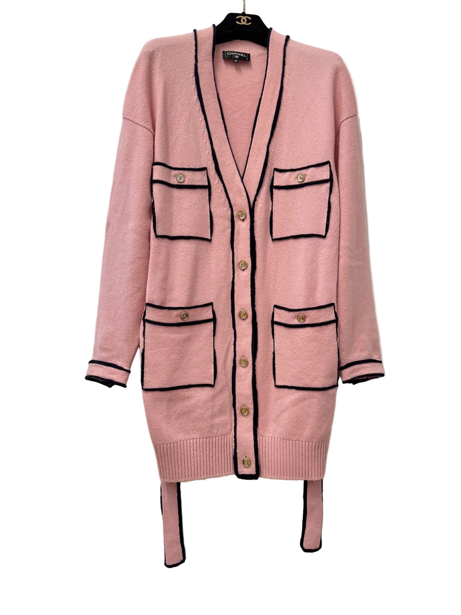Chanel Cashmere Baby Pink with Navy Blue Belted Cardigan