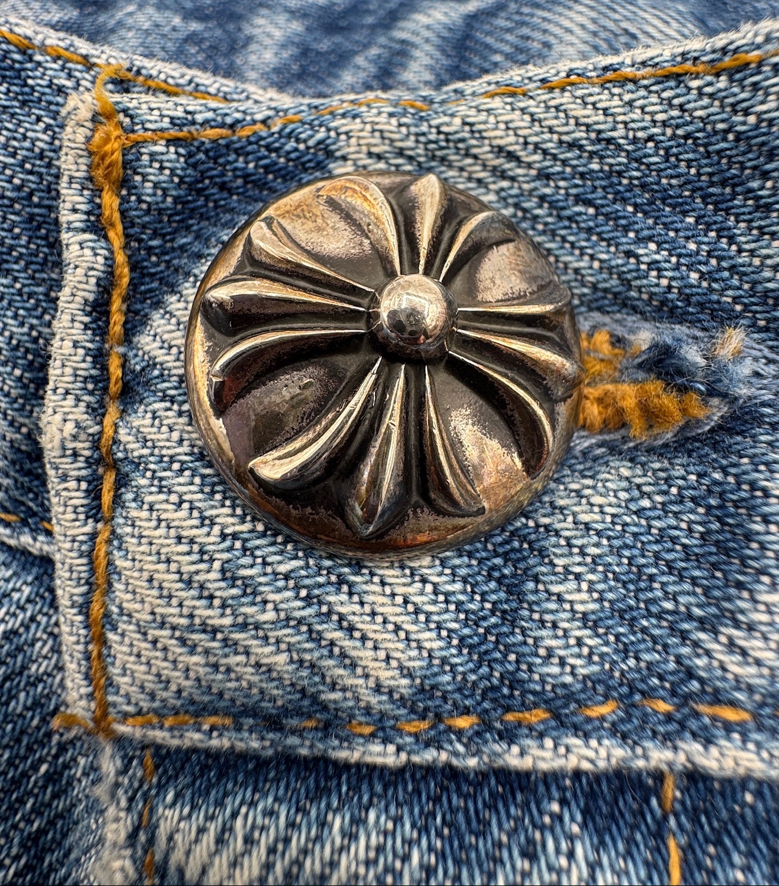 Chrome Hearts x Levi's Light Blue Jeans Gray White Camo Print Cross Leather Patch
