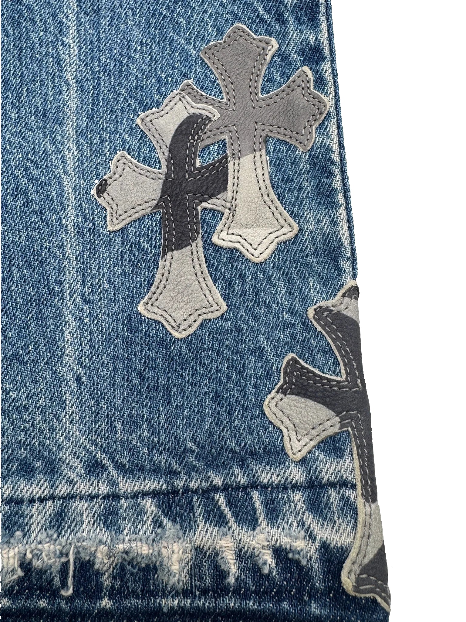 Chrome Hearts x Levi's Light Blue Jeans Gray White Camo Print Cross Leather Patch