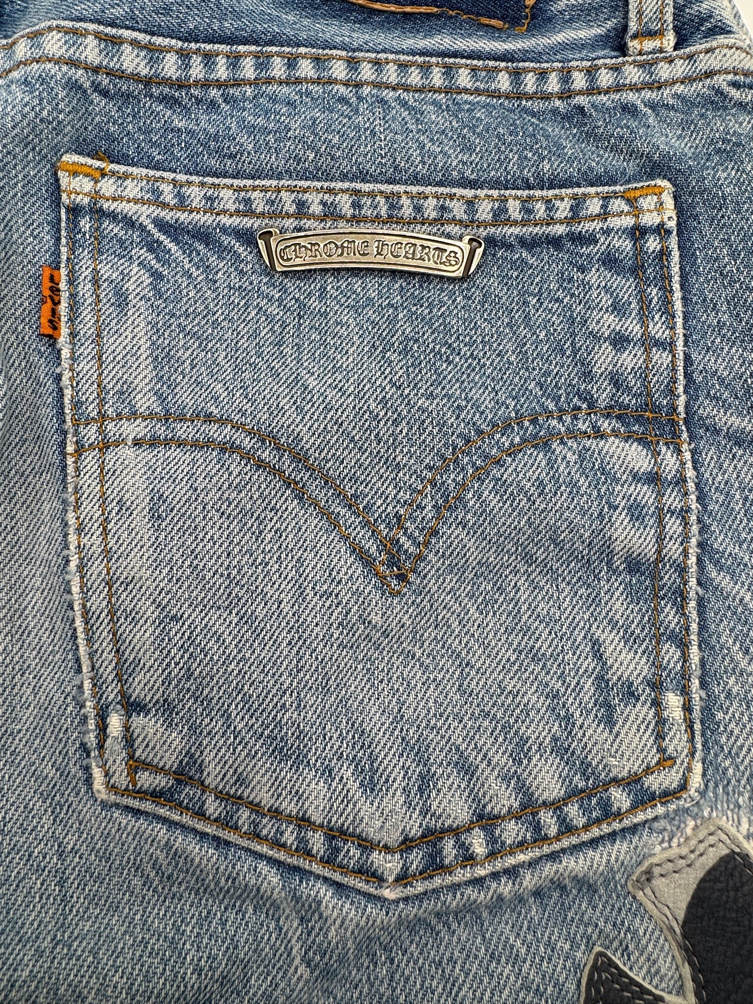 Chrome Hearts x Levi's Light Blue Jeans Gray White Camo Print Cross Leather Patch