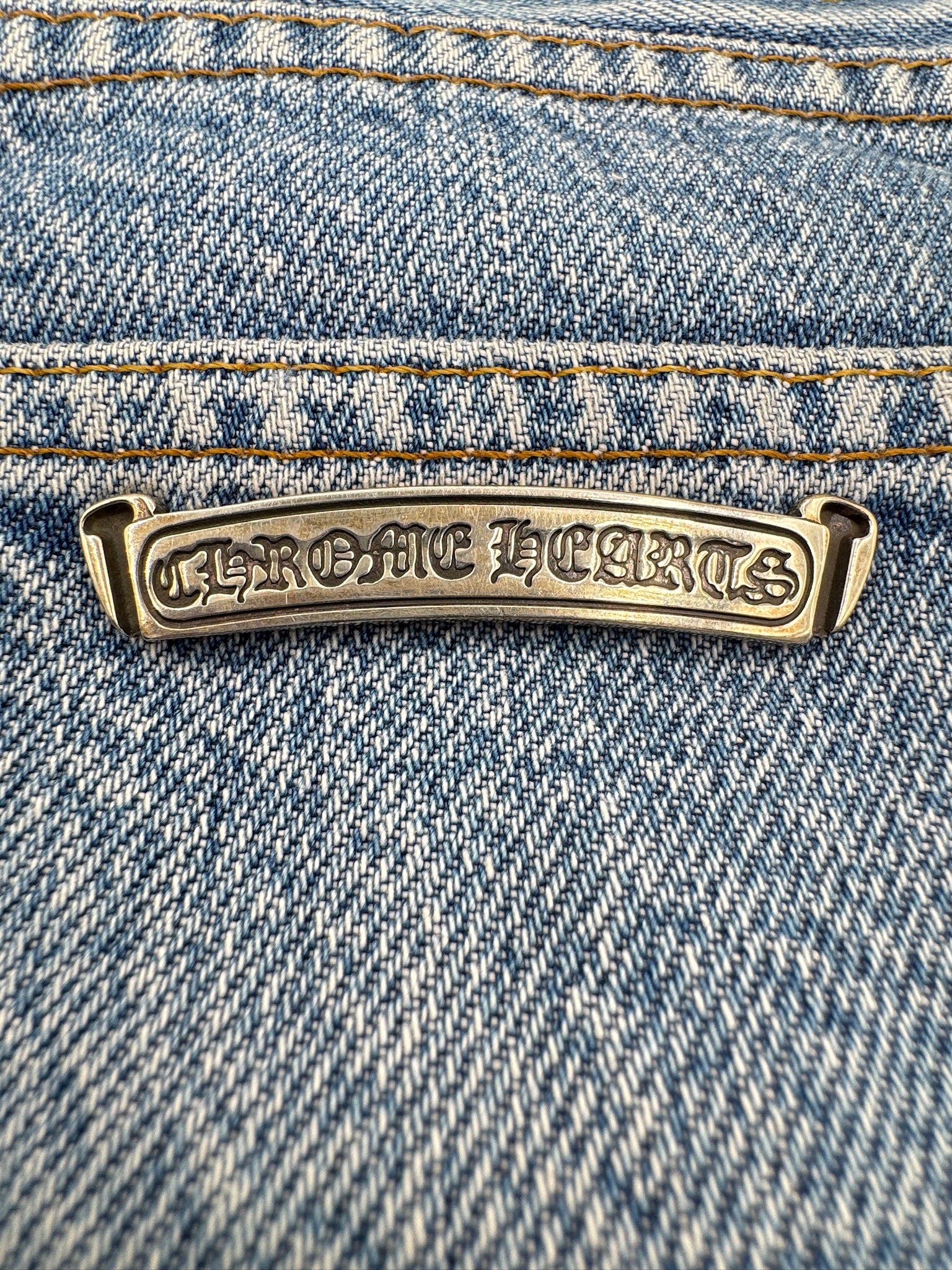 Chrome Hearts x Levi's Light Blue Jeans Gray White Camo Print Cross Leather Patch