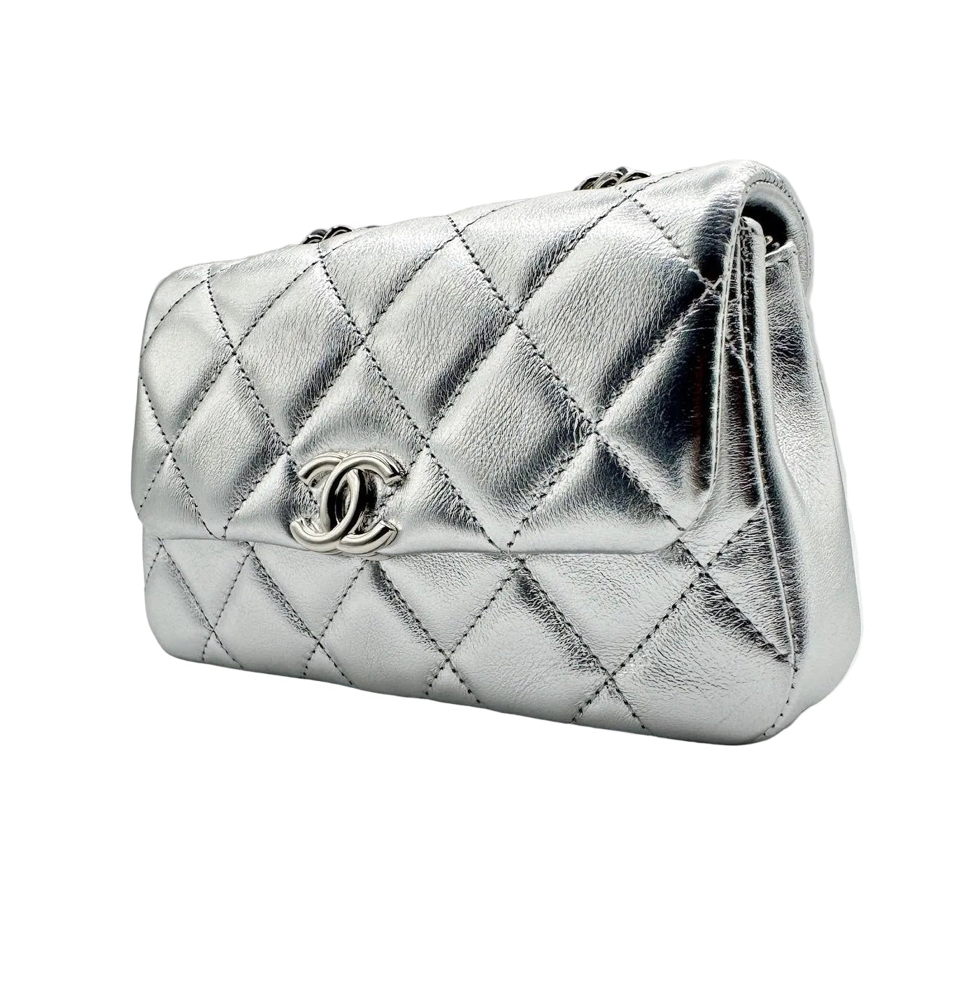CHANEL Silver Metallic Micro Flapbag