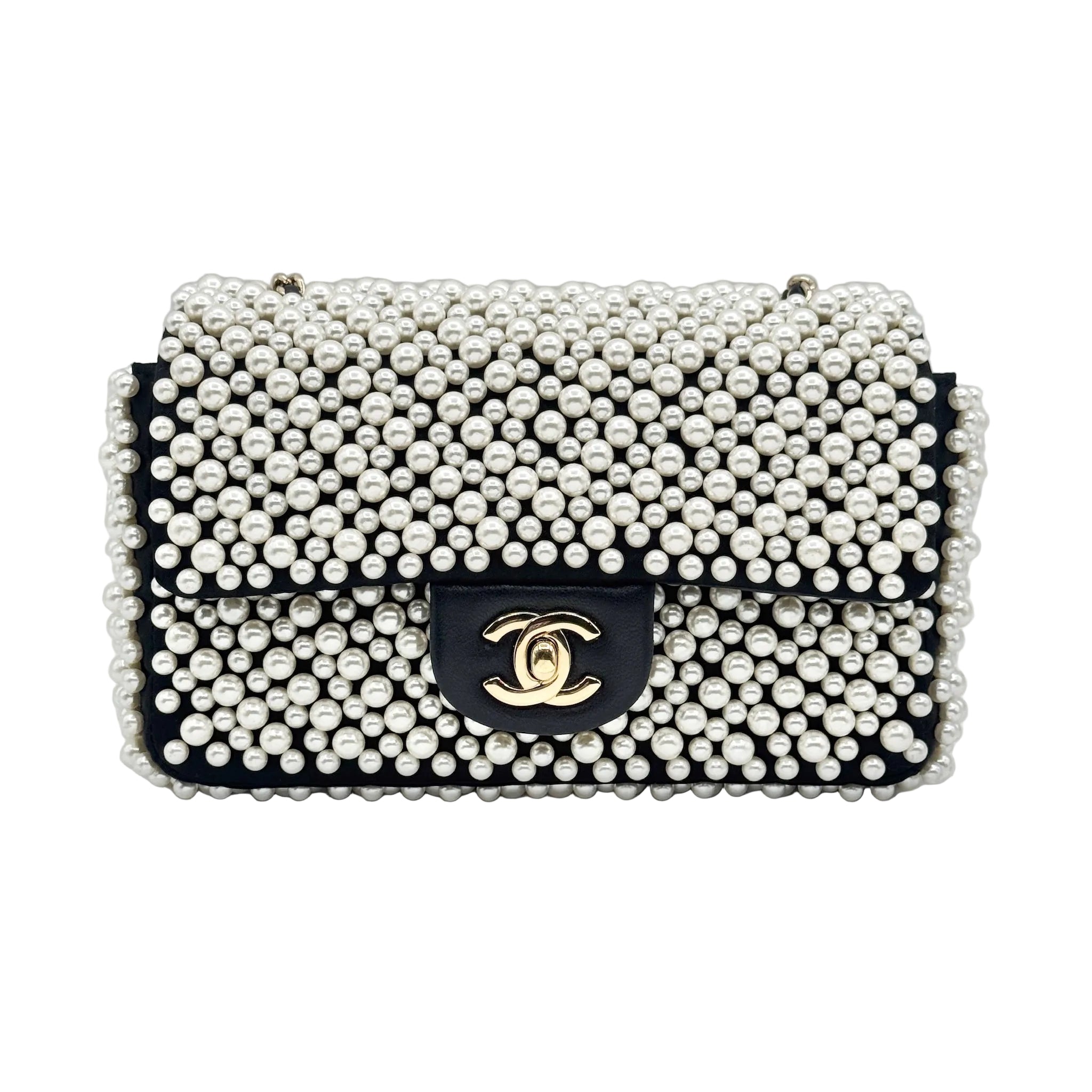 Chanel 2019 SS Black with White Pearls Mini Classic Flapbag