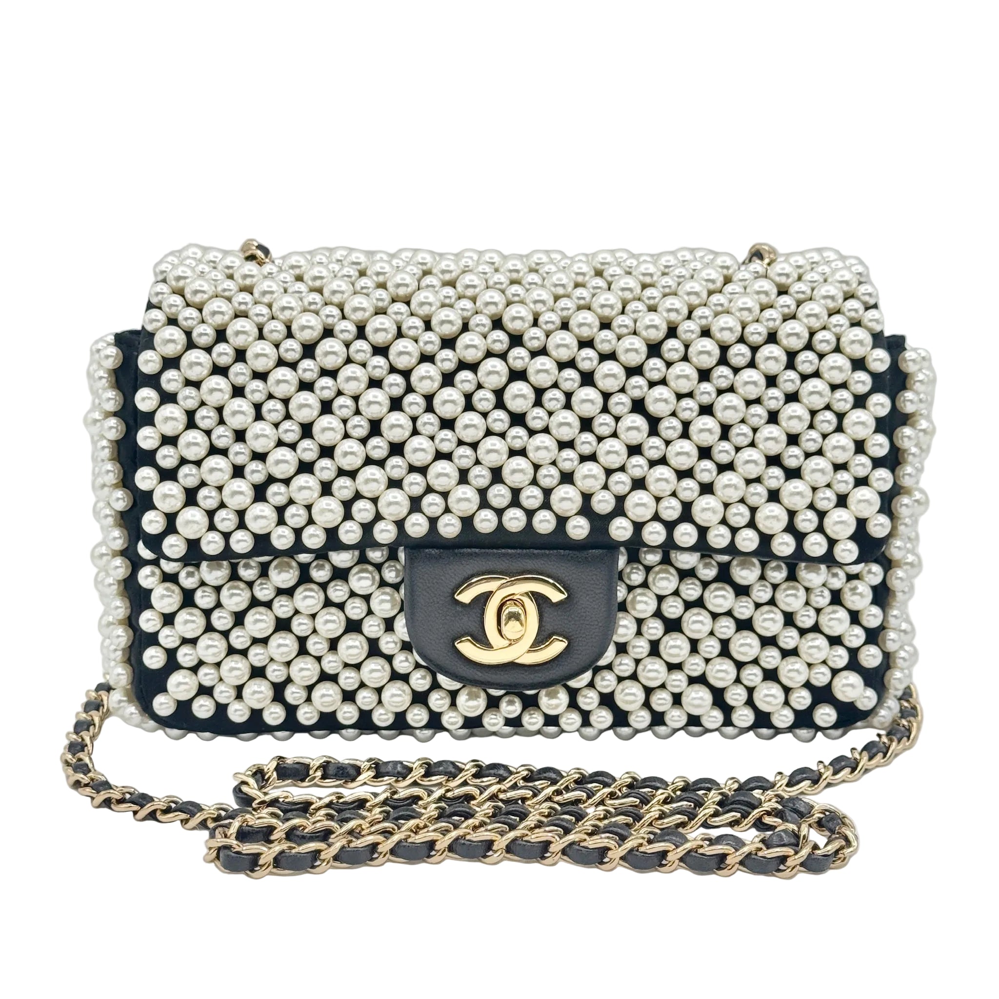 Chanel 2019 SS Black with White Pearls Mini Classic Flapbag