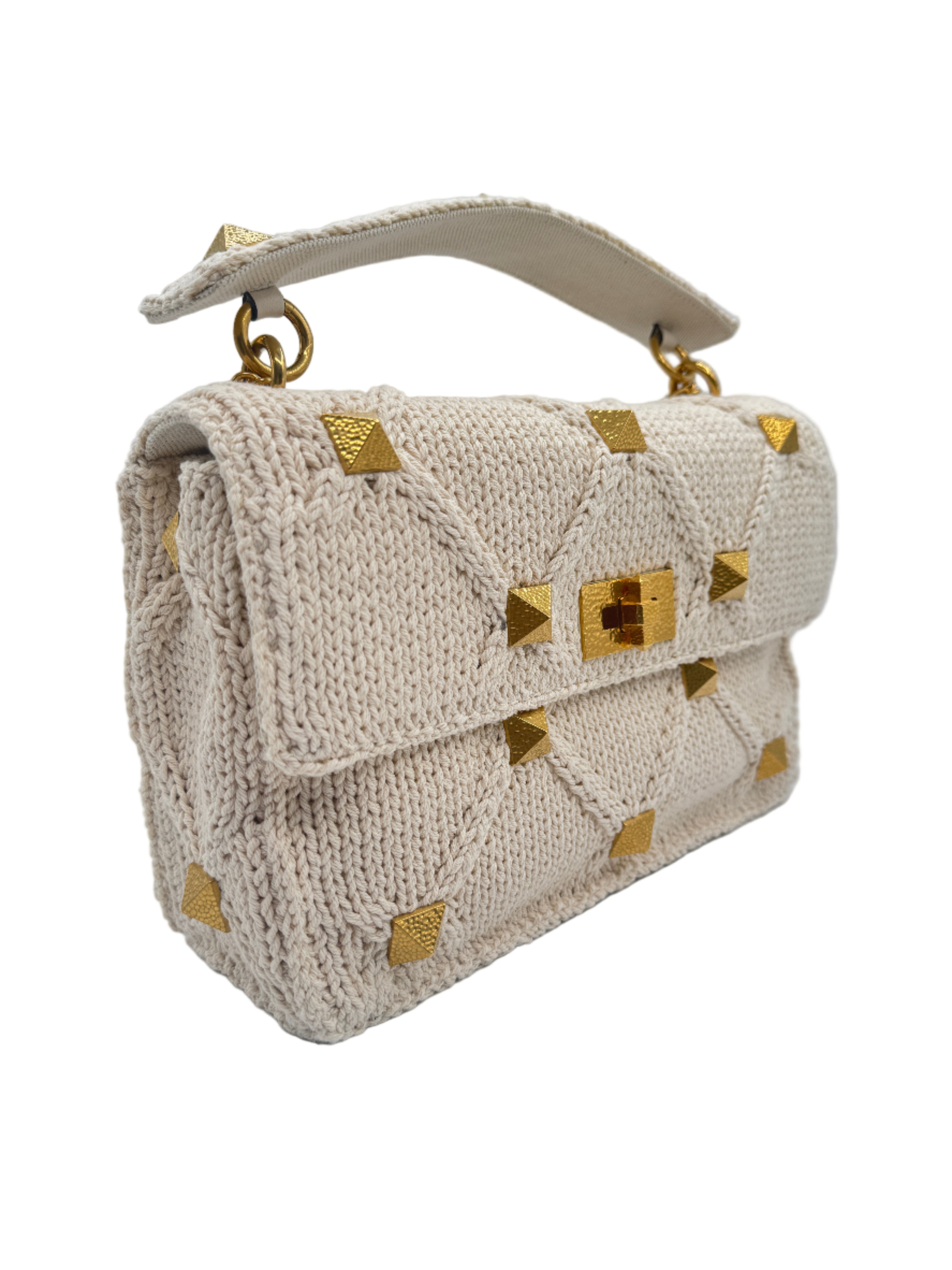 Valentino White Ivory Knit Rockstud Bag