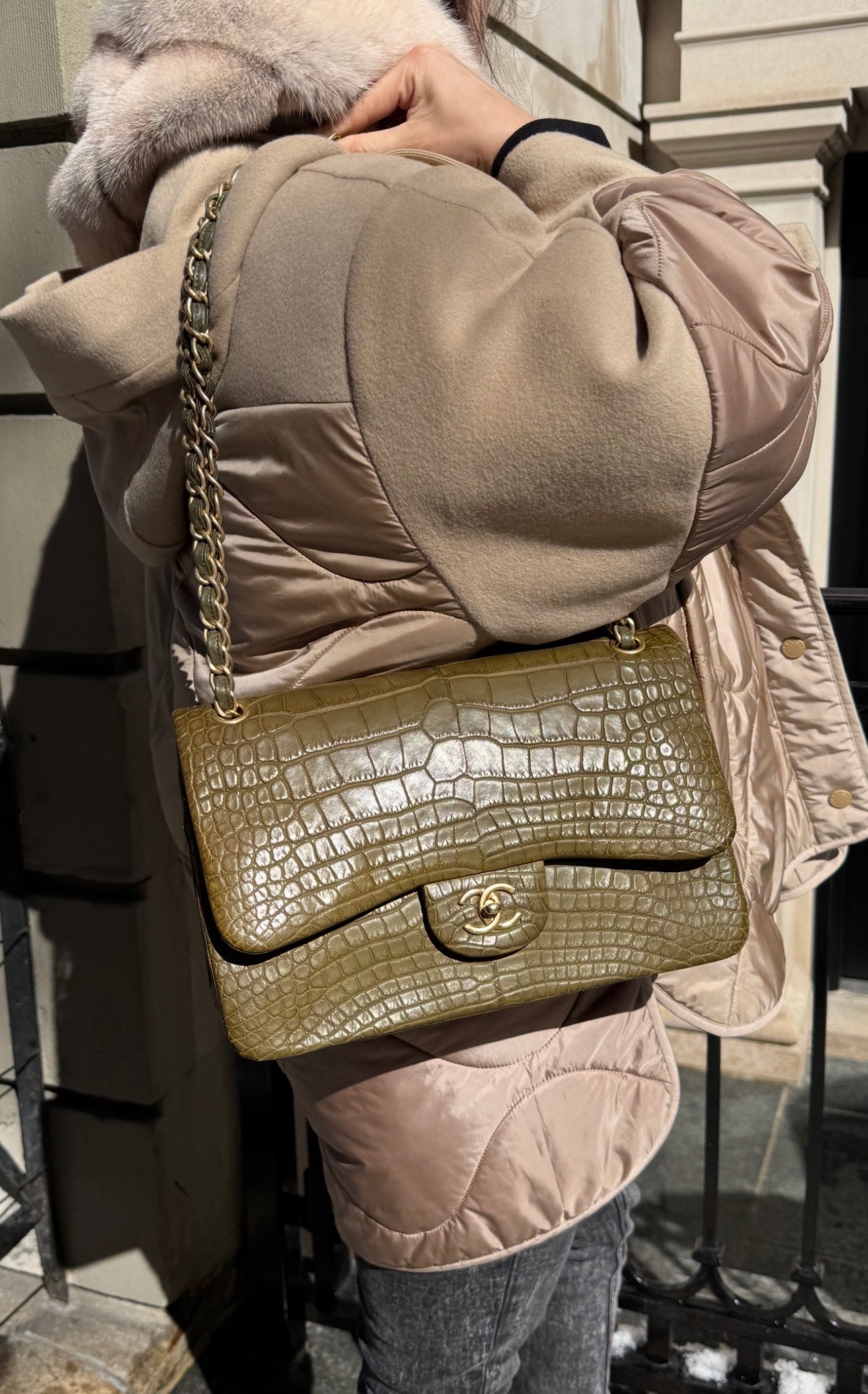 Chanel Matte Khaki Green Alligator Classic Double Flapbag