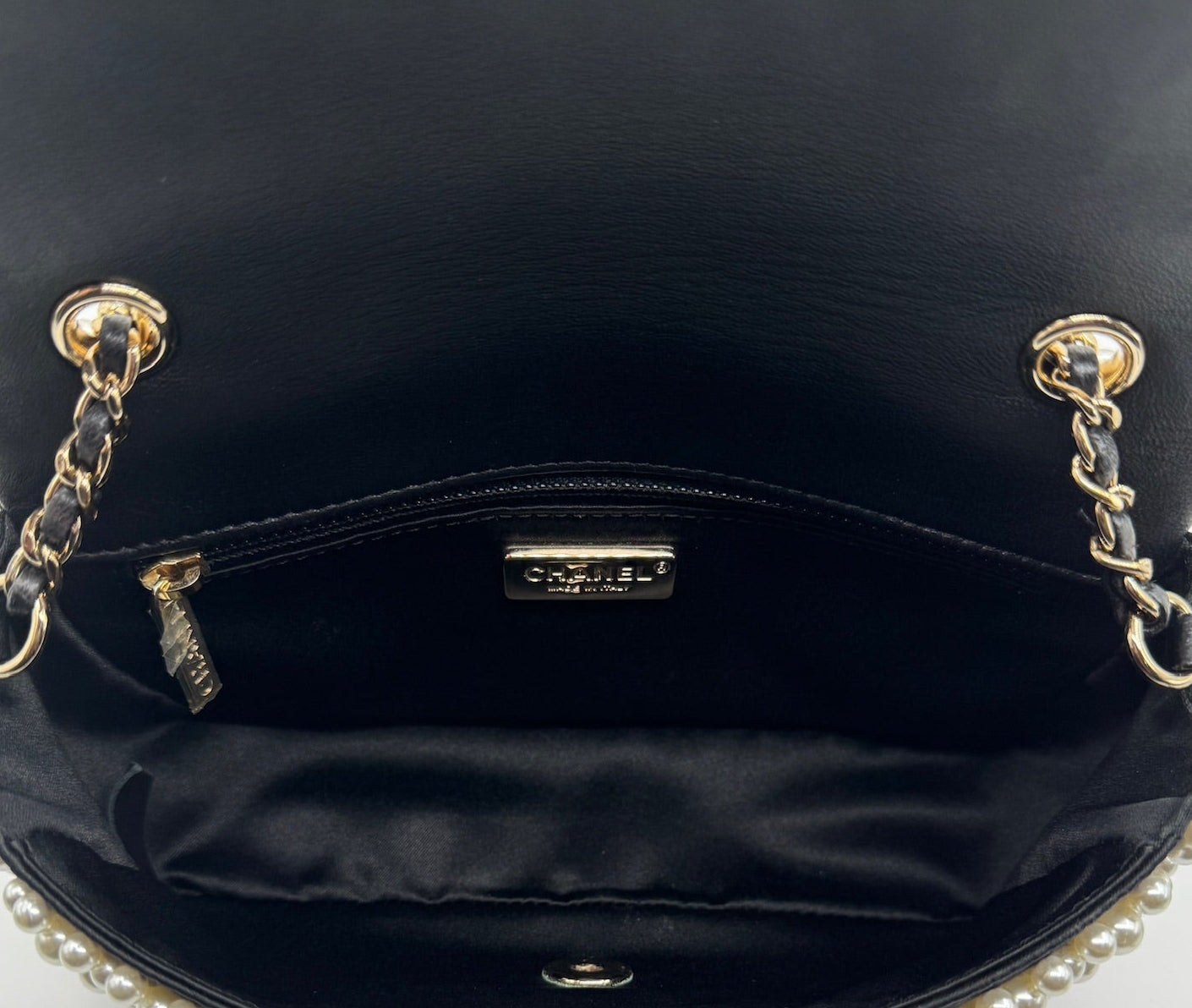 Chanel 2019 SS Black with White Pearls Mini Classic Flapbag