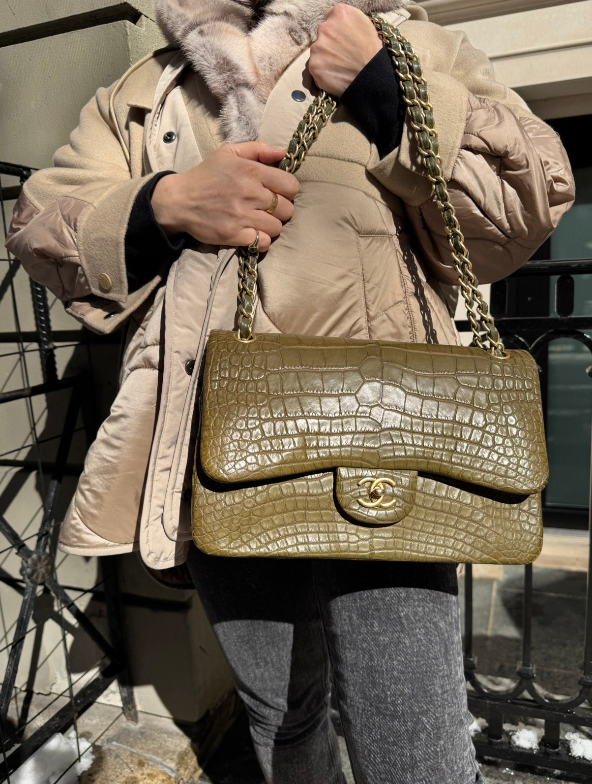 Chanel Matte Khaki Green Alligator Classic Double Flapbag