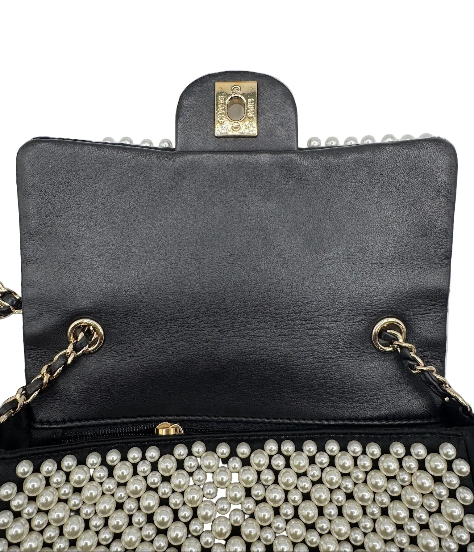 Chanel 2019 SS Black with White Pearls Mini Classic Flapbag