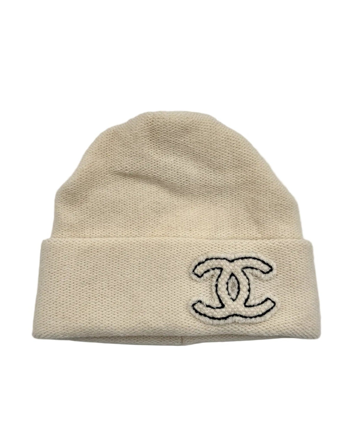 Chanel White Ivory Beanie with Black CC Logo