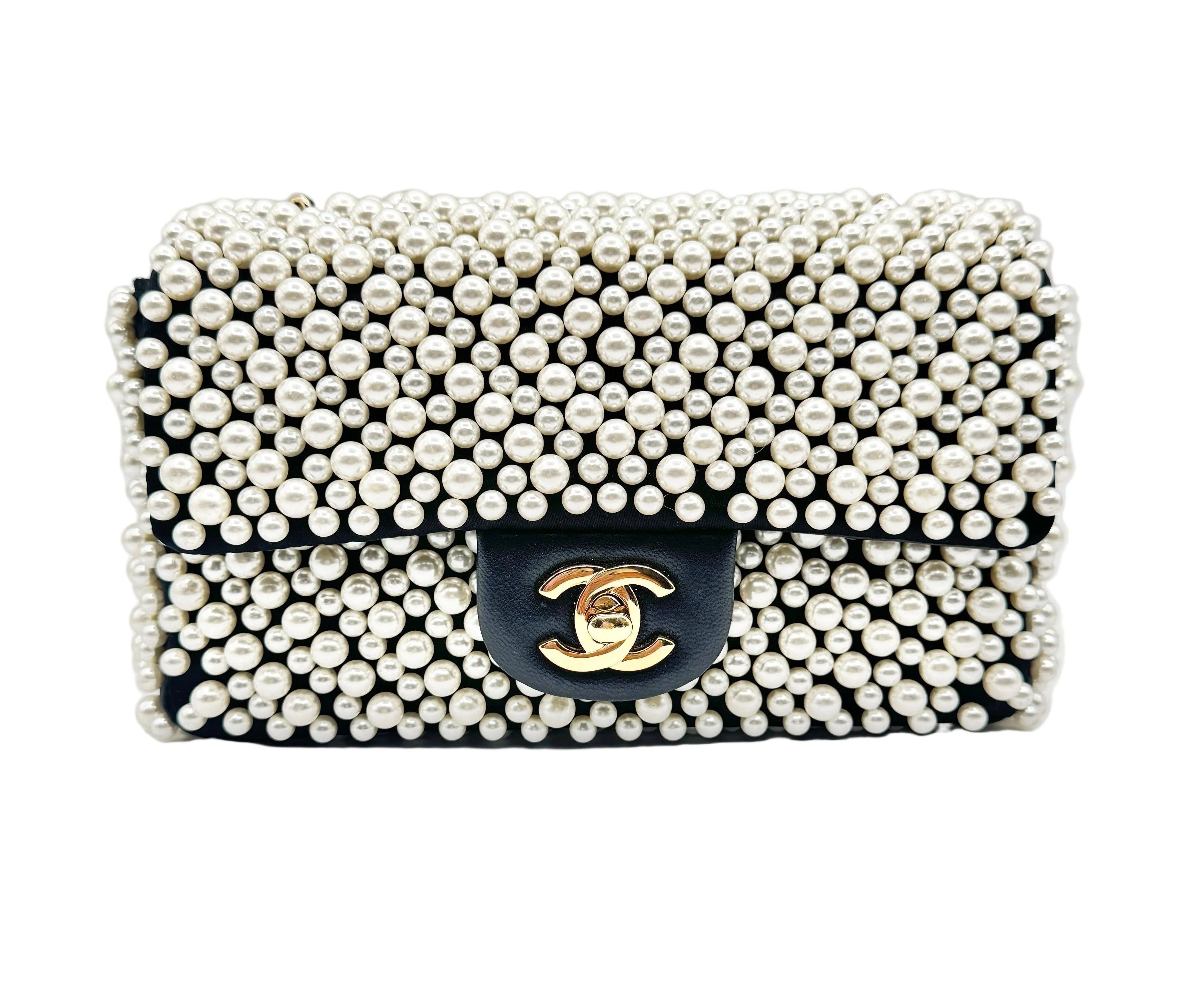 Chanel 2019SS Black with White Pearls Mini Classic Flapbag