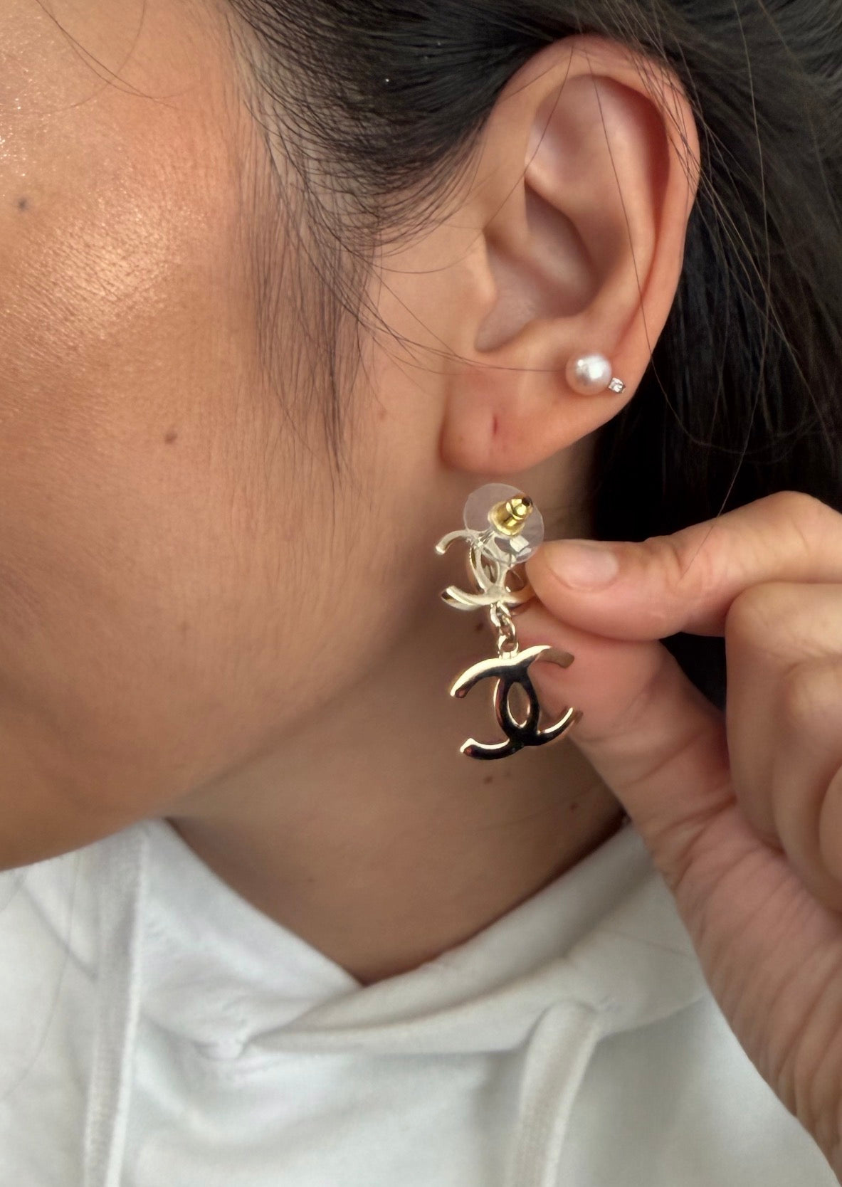 CHANEL Gold Triple CC Logo Earrings