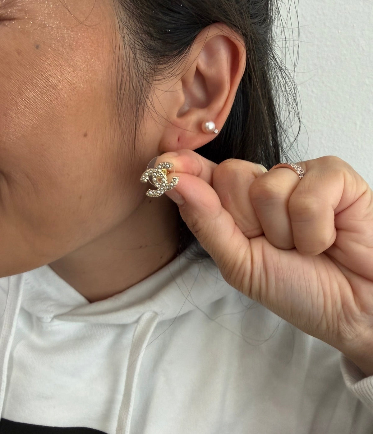 CHANEL Gold CC Stud Earrings with Pearls and Crystals