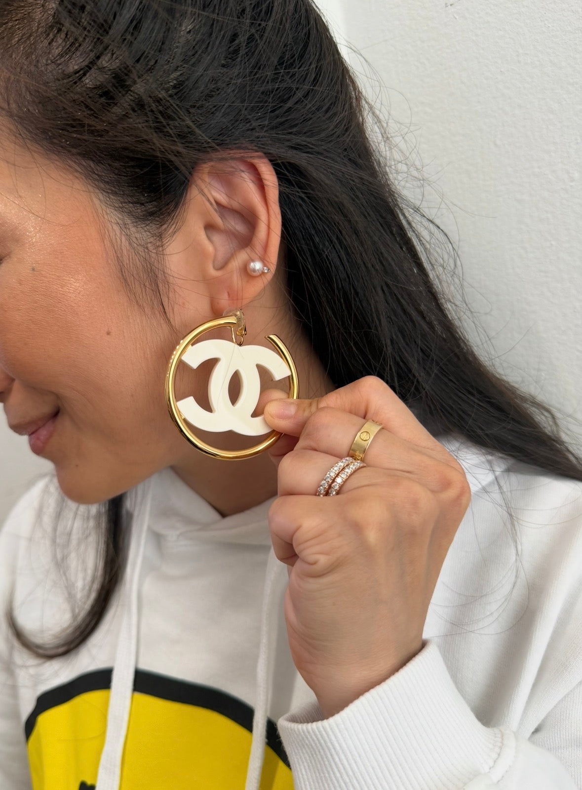 CHANEL Big White CC Clip On Gold Hoop Earrings