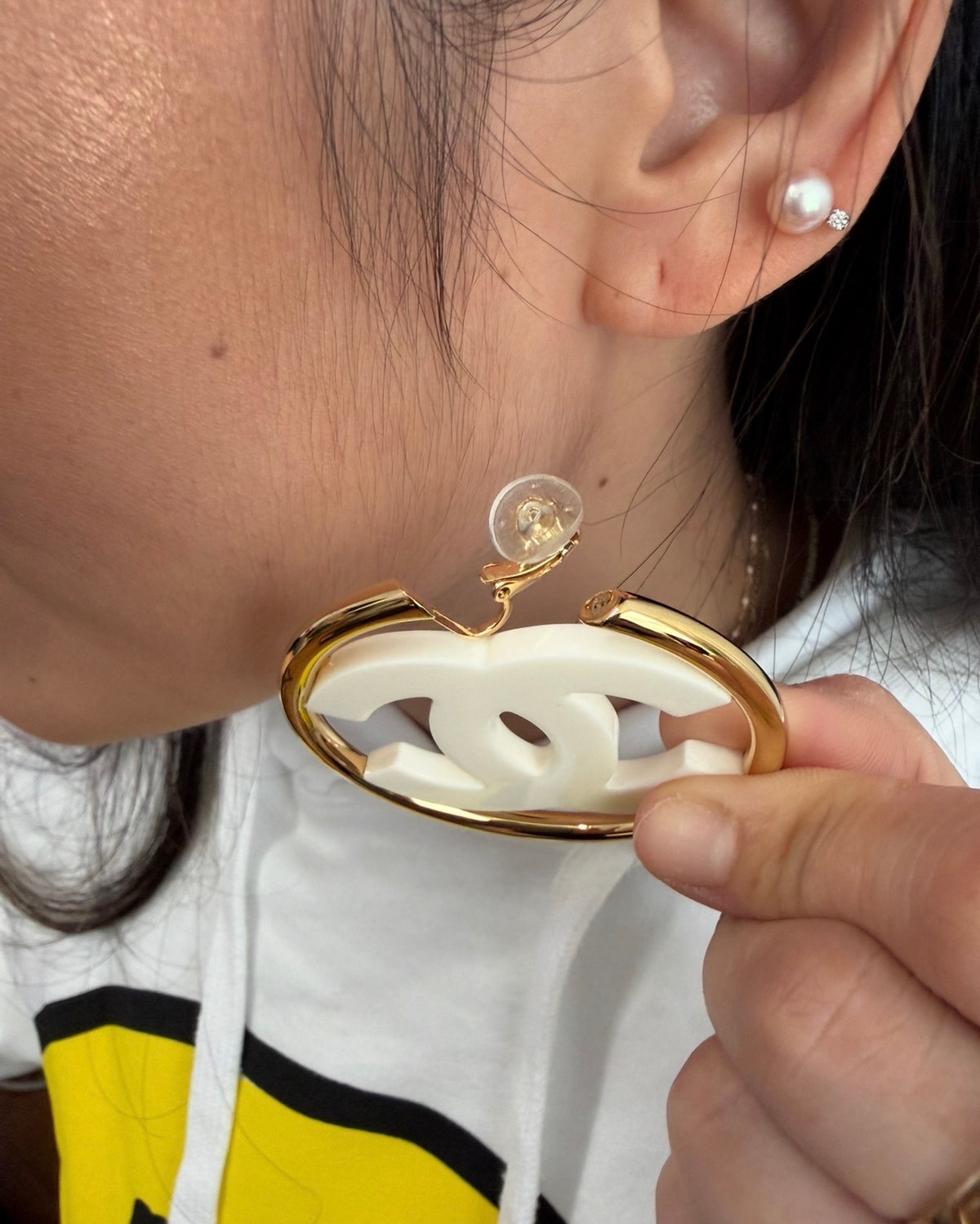 CHANEL Big White CC Clip On Gold Hoop Earrings