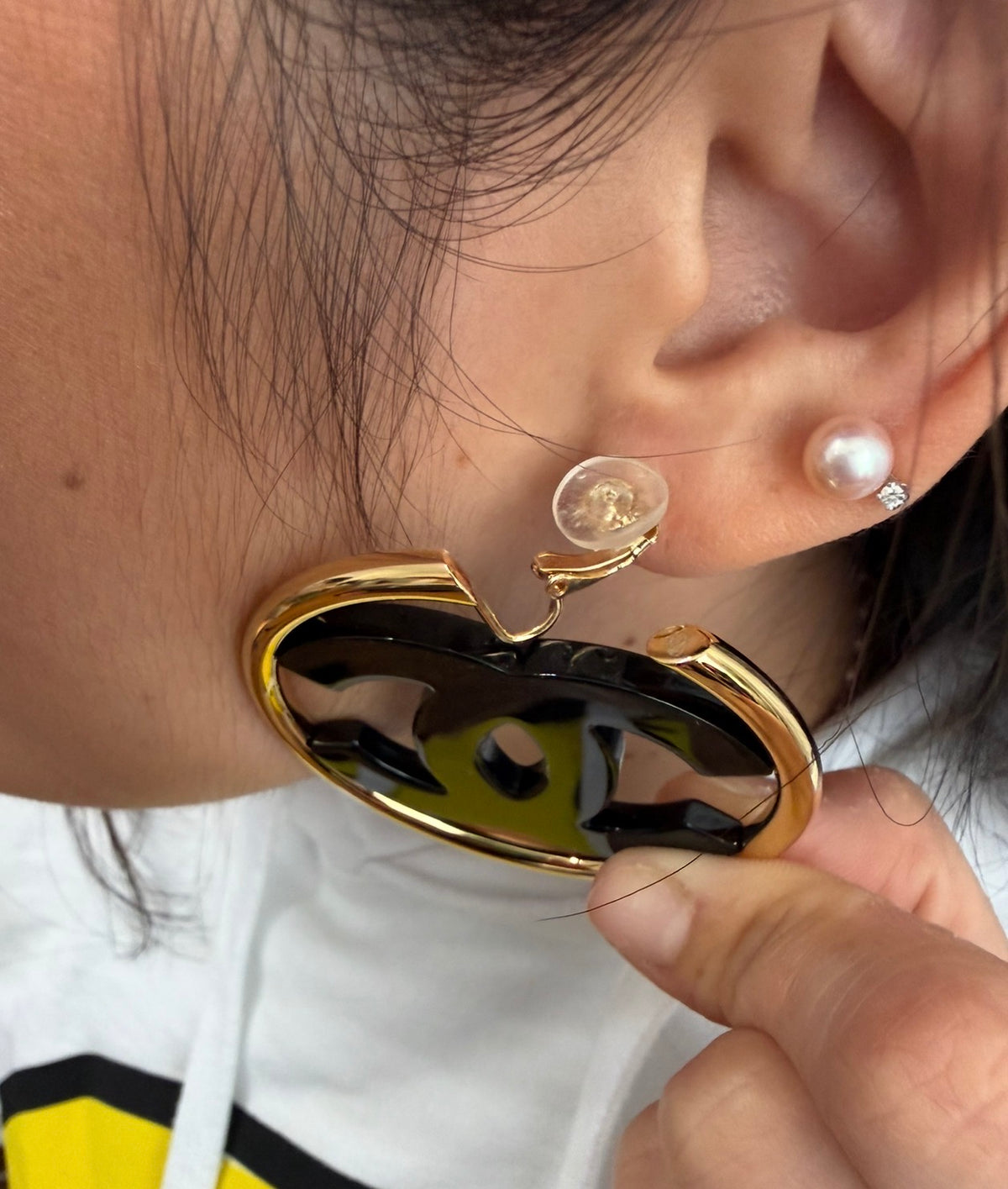 CHANEL Big Black CC Clip On Gold Hoop Earrings