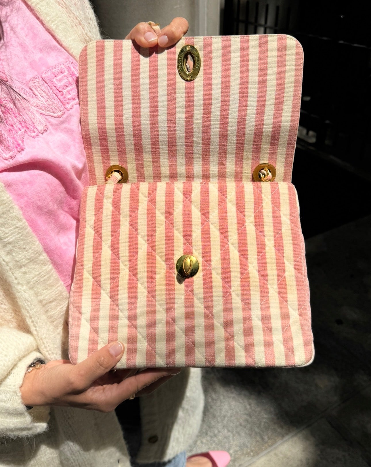 CHANEL 1990s Vintage Pink and White Stripe Flapbag