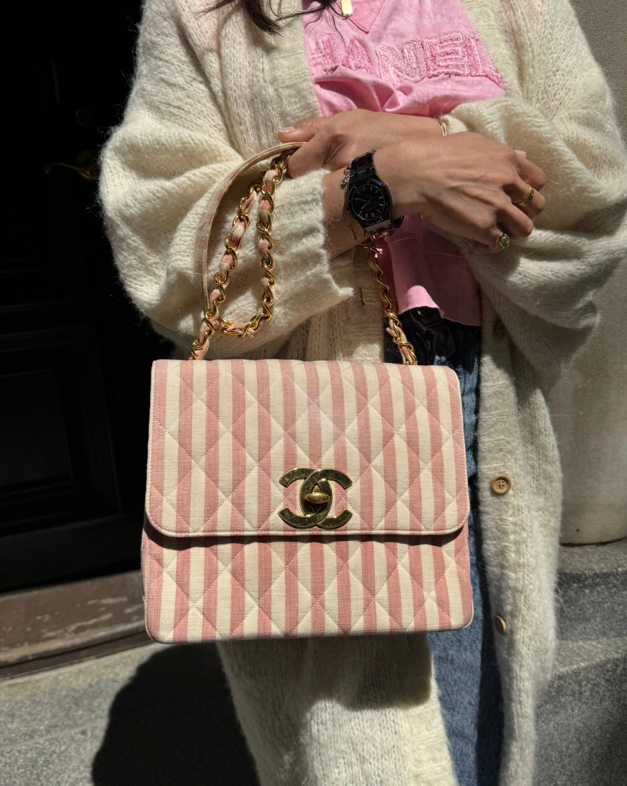 CHANEL 1990s Vintage Pink and White Stripe Flapbag