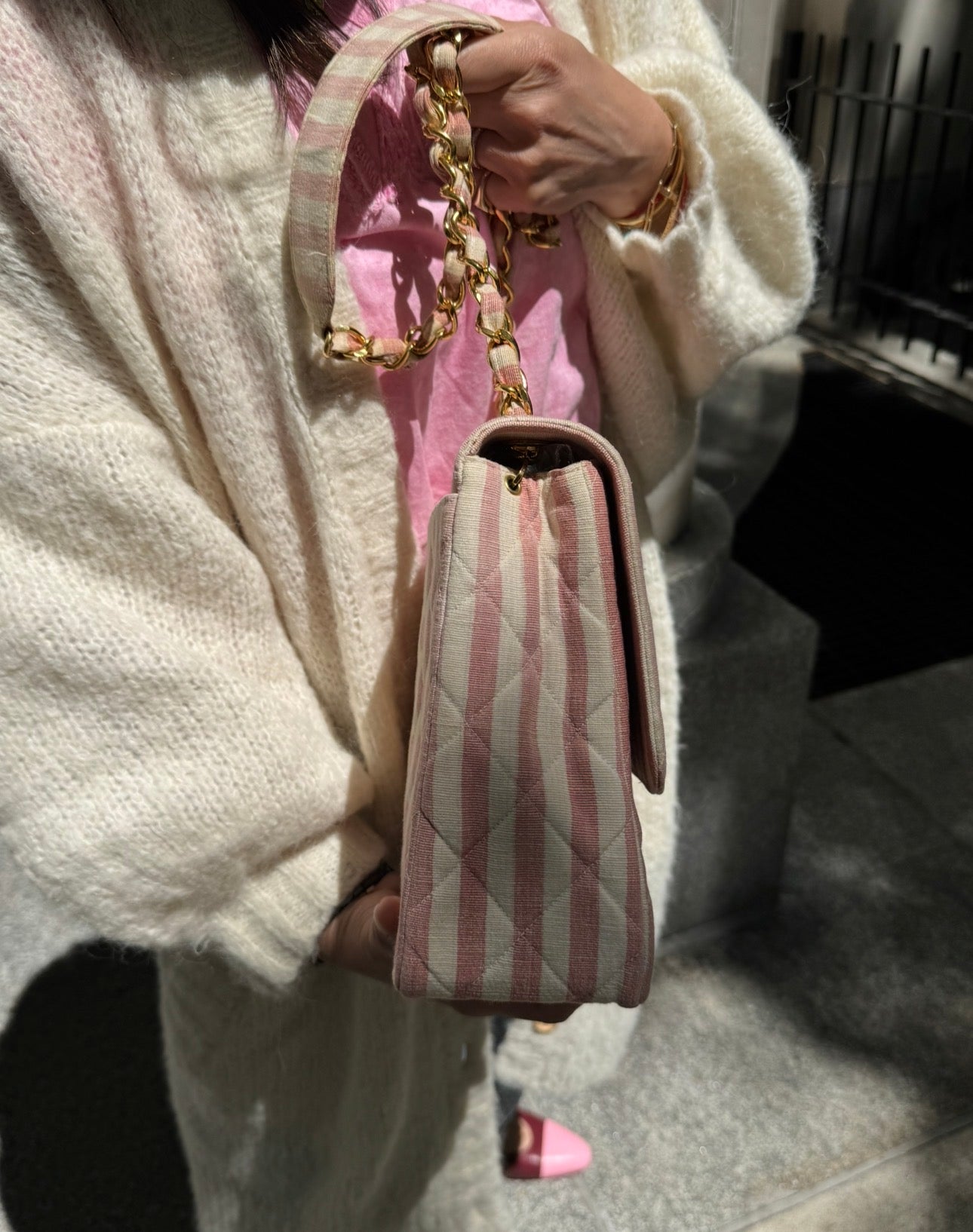 CHANEL 1990s Vintage Pink and White Stripe Flapbag