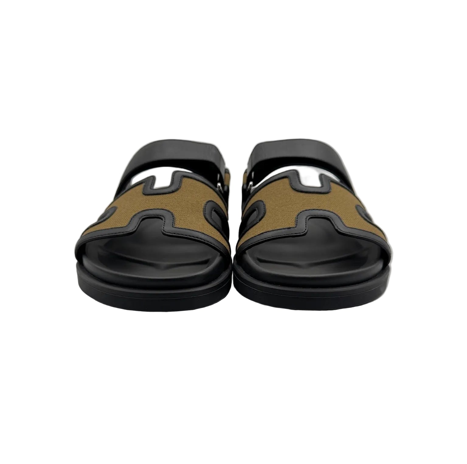 Hermès Chypre Sandals in Black and Khaki Canvas