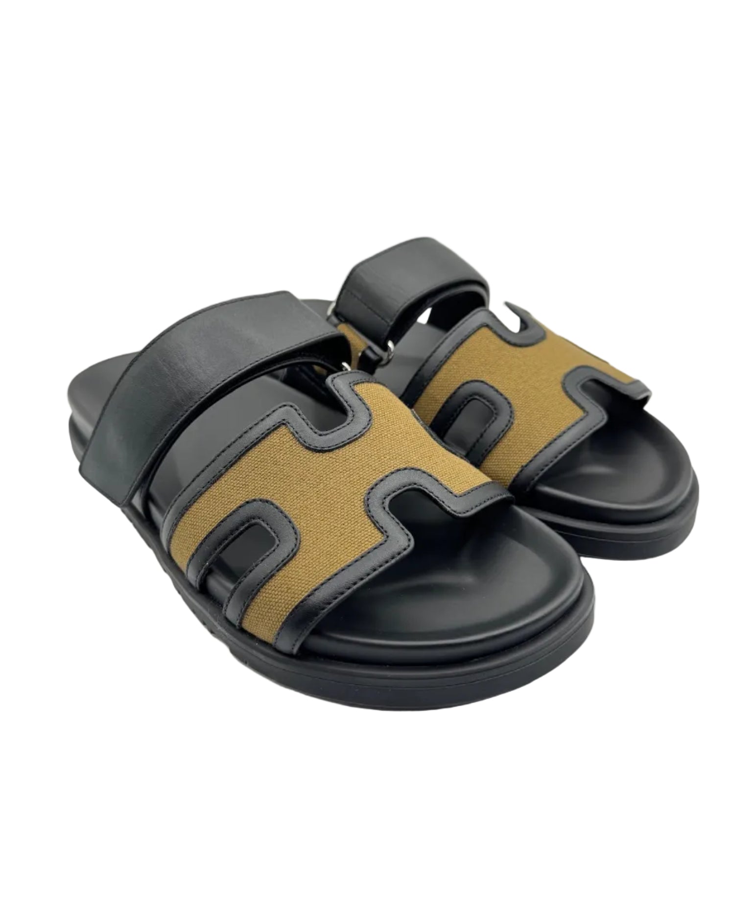 Hermès Chypre Sandals in Black and Khaki Canvas