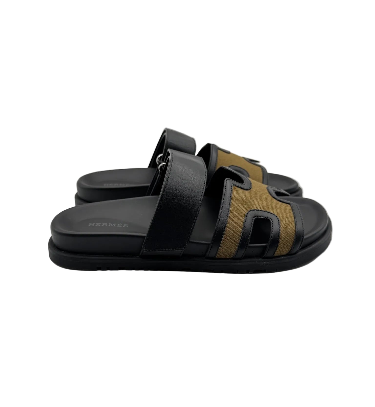 Hermès Chypre Sandals in Black and Khaki Canvas