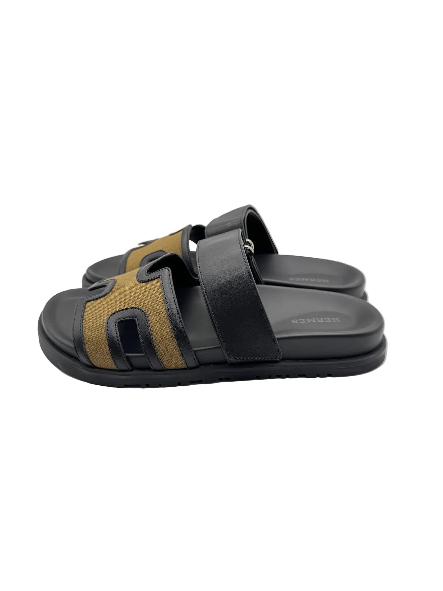 Hermès Chypre Sandals in Black and Khaki Canvas