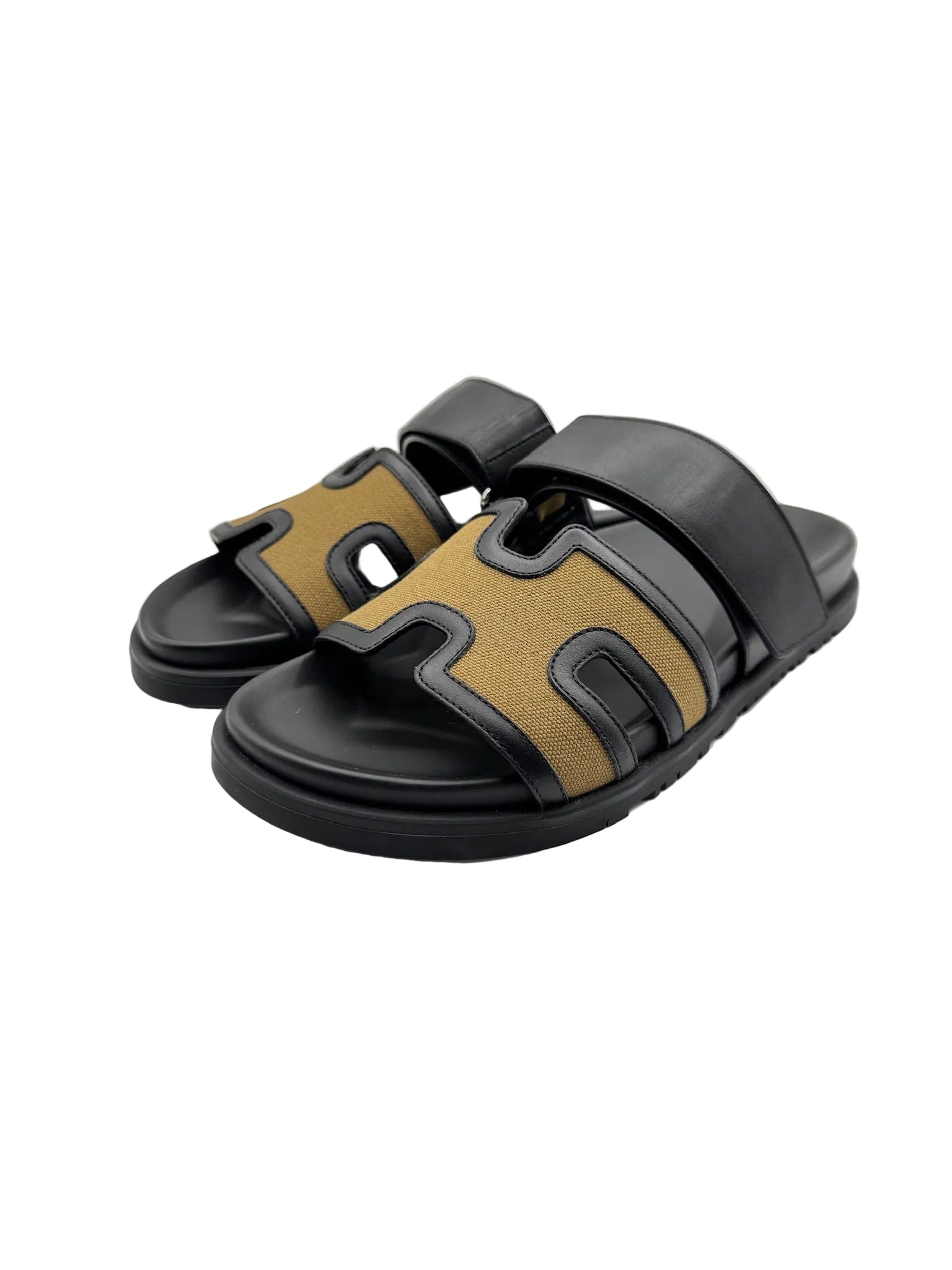 Hermès Chypre Sandals in Black and Khaki Canvas