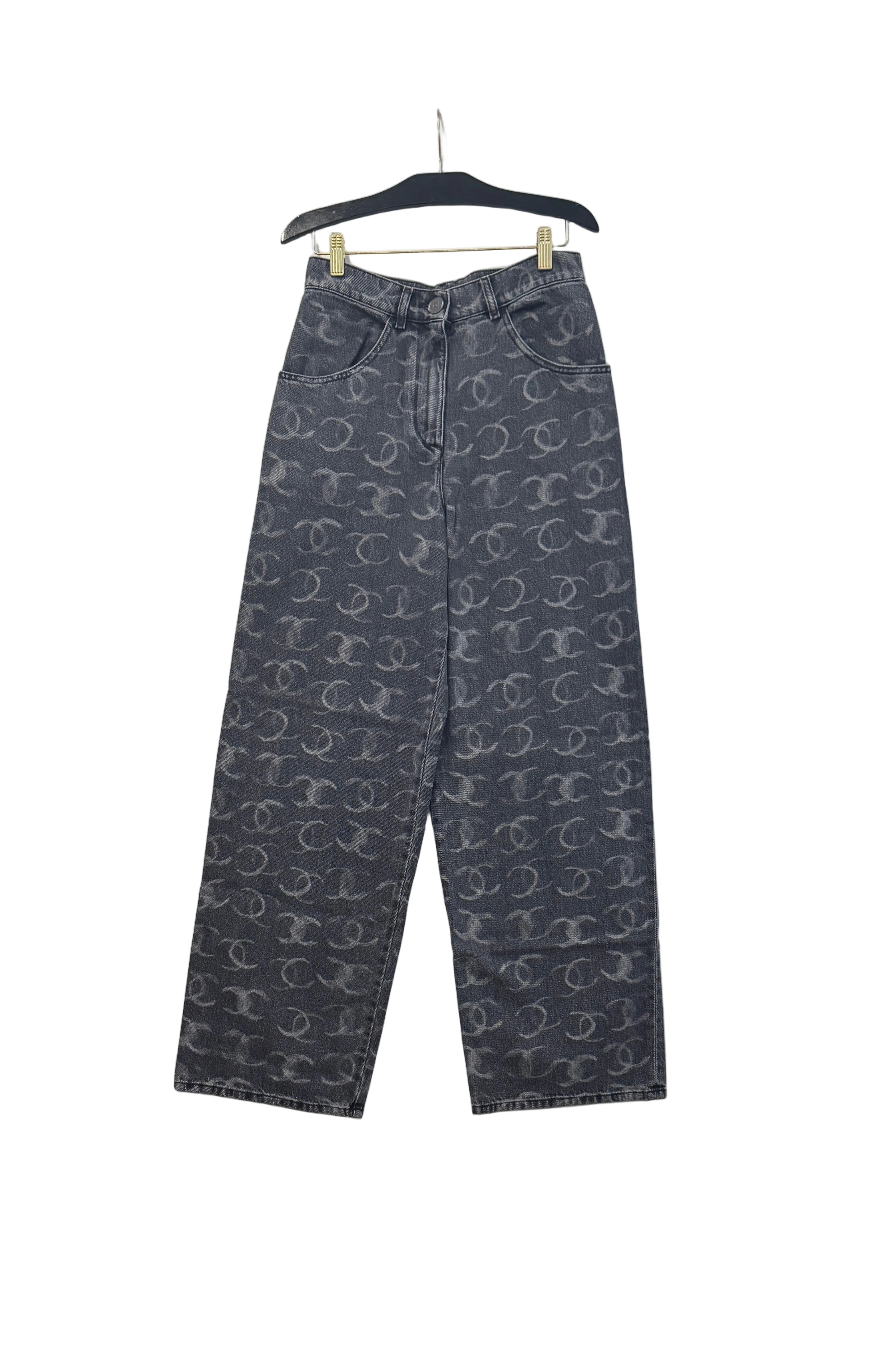 Chanel Black Denim Wide Leg Jeans with CC Logos