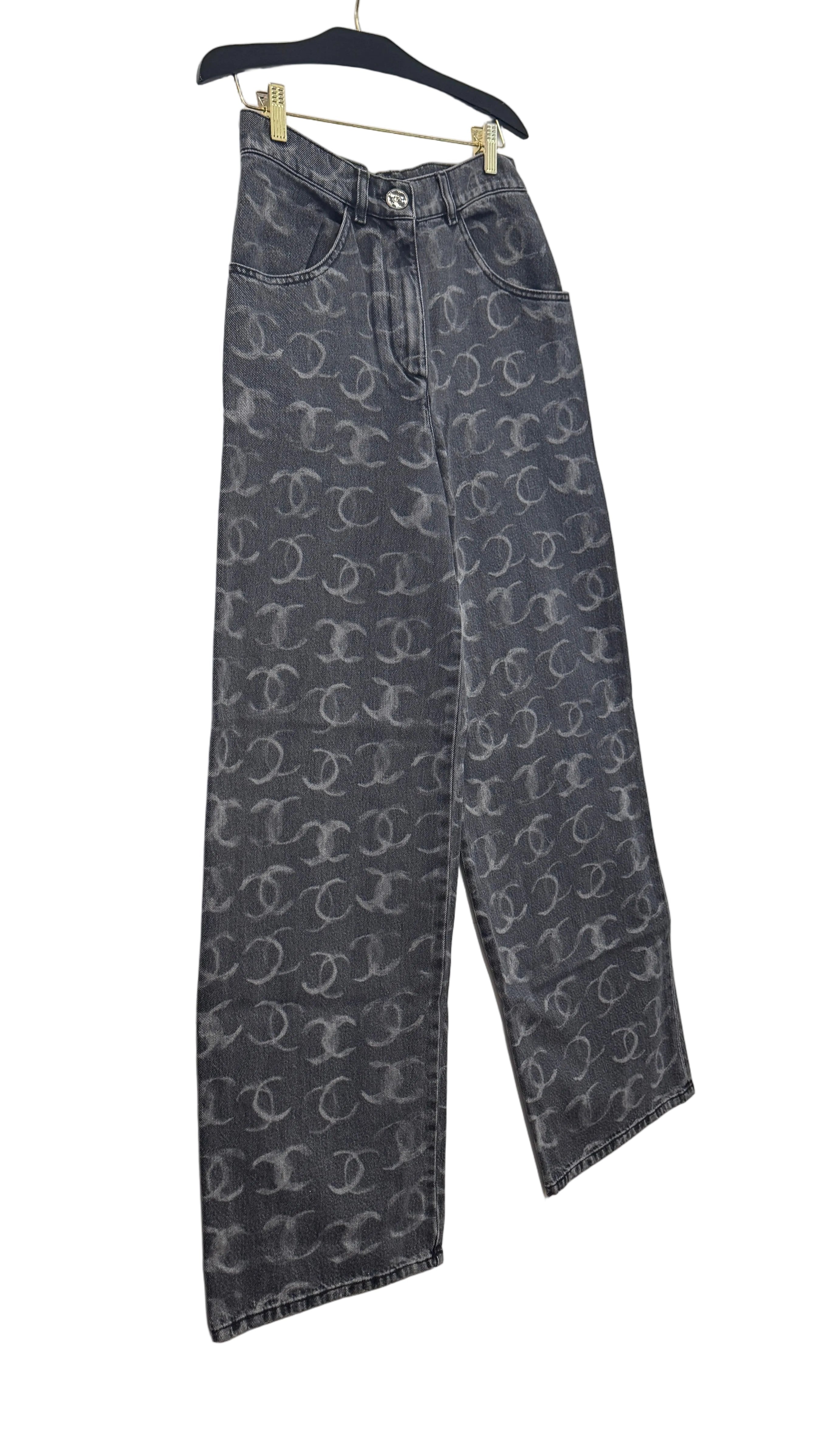 Chanel Black Denim Wide Leg Jeans with CC Logos