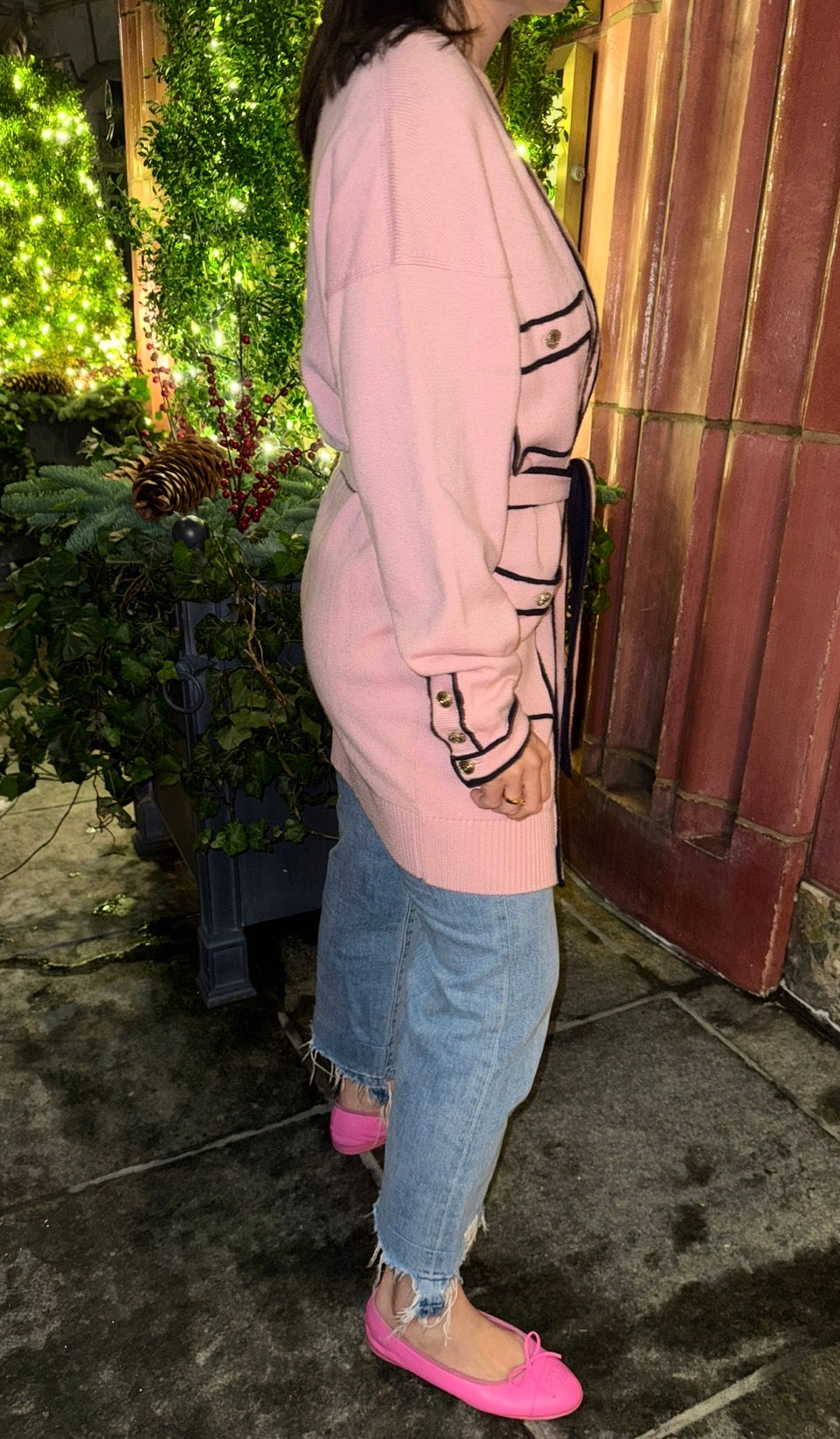 Chanel Cashmere Baby Pink with Navy Blue Belted Cardigan