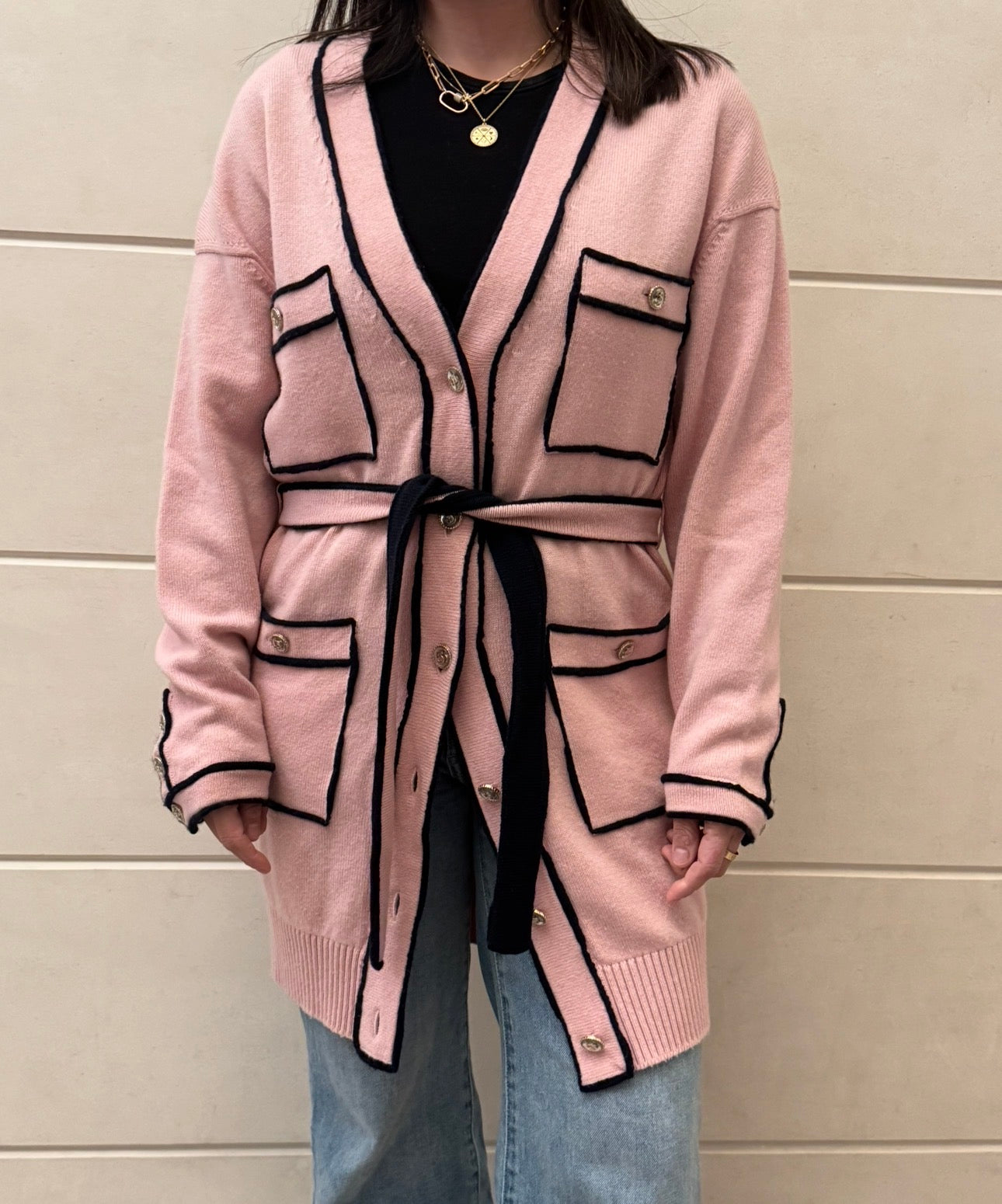 Chanel Cashmere Baby Pink with Navy Blue Belted Cardigan