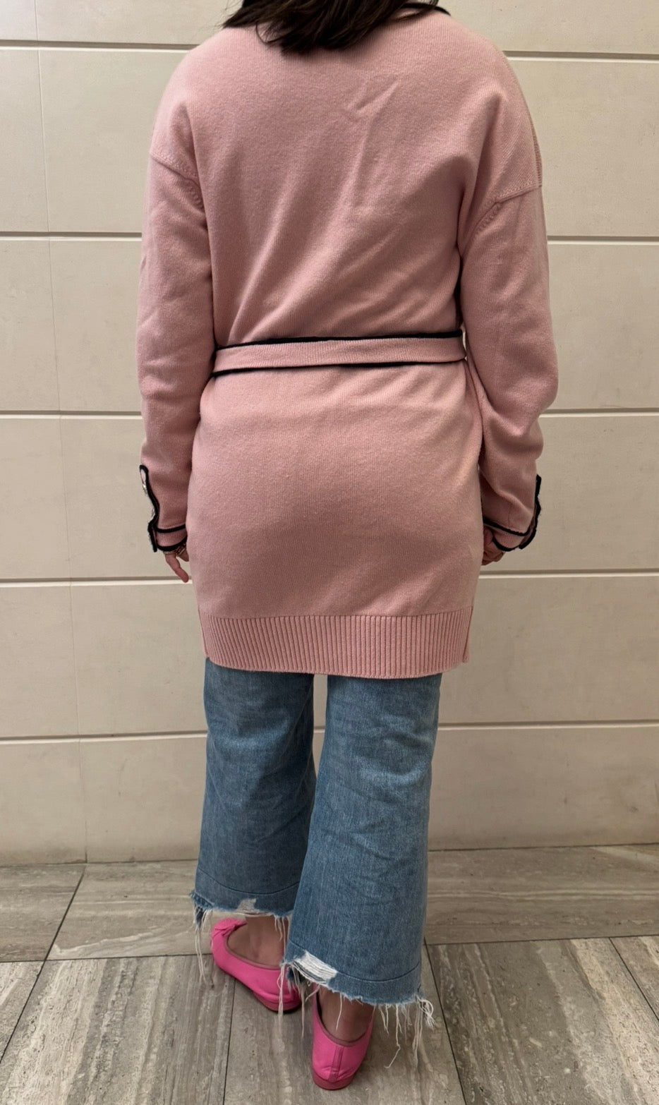 Chanel Cashmere Baby Pink with Navy Blue Belted Cardigan