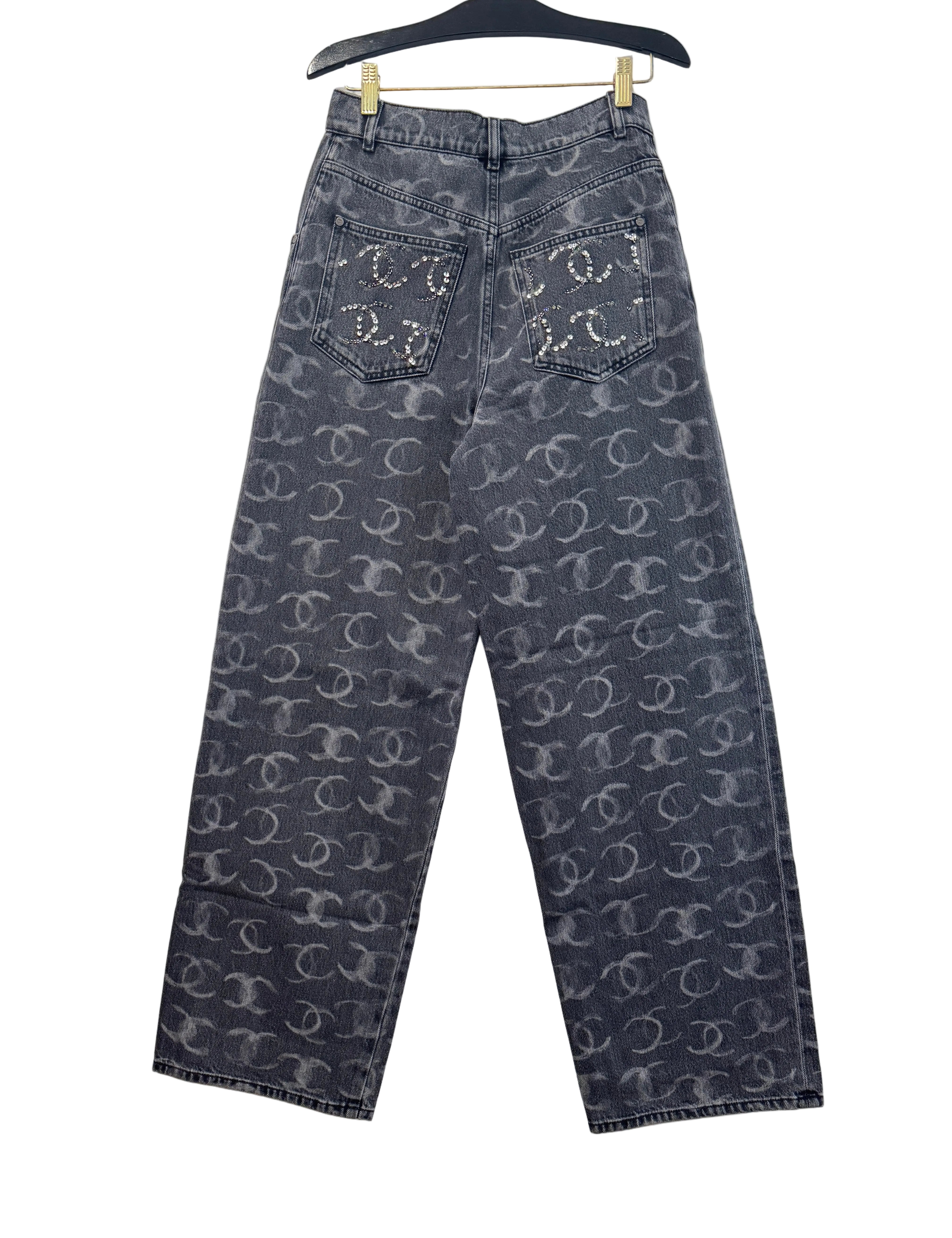 Chanel Black Denim Wide Leg Jeans with CC Logos