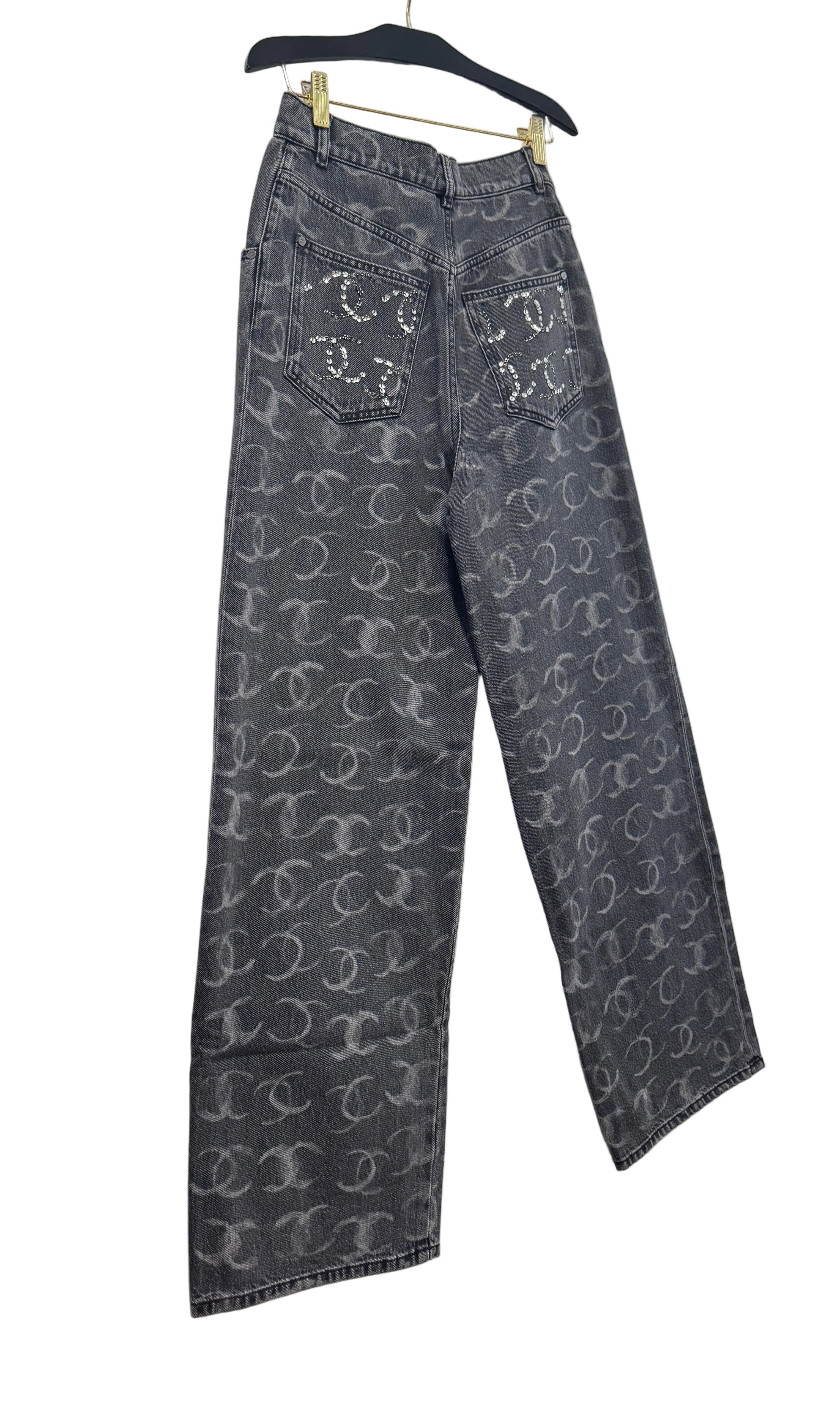 Chanel Black Denim Wide Leg Jeans with CC Logos