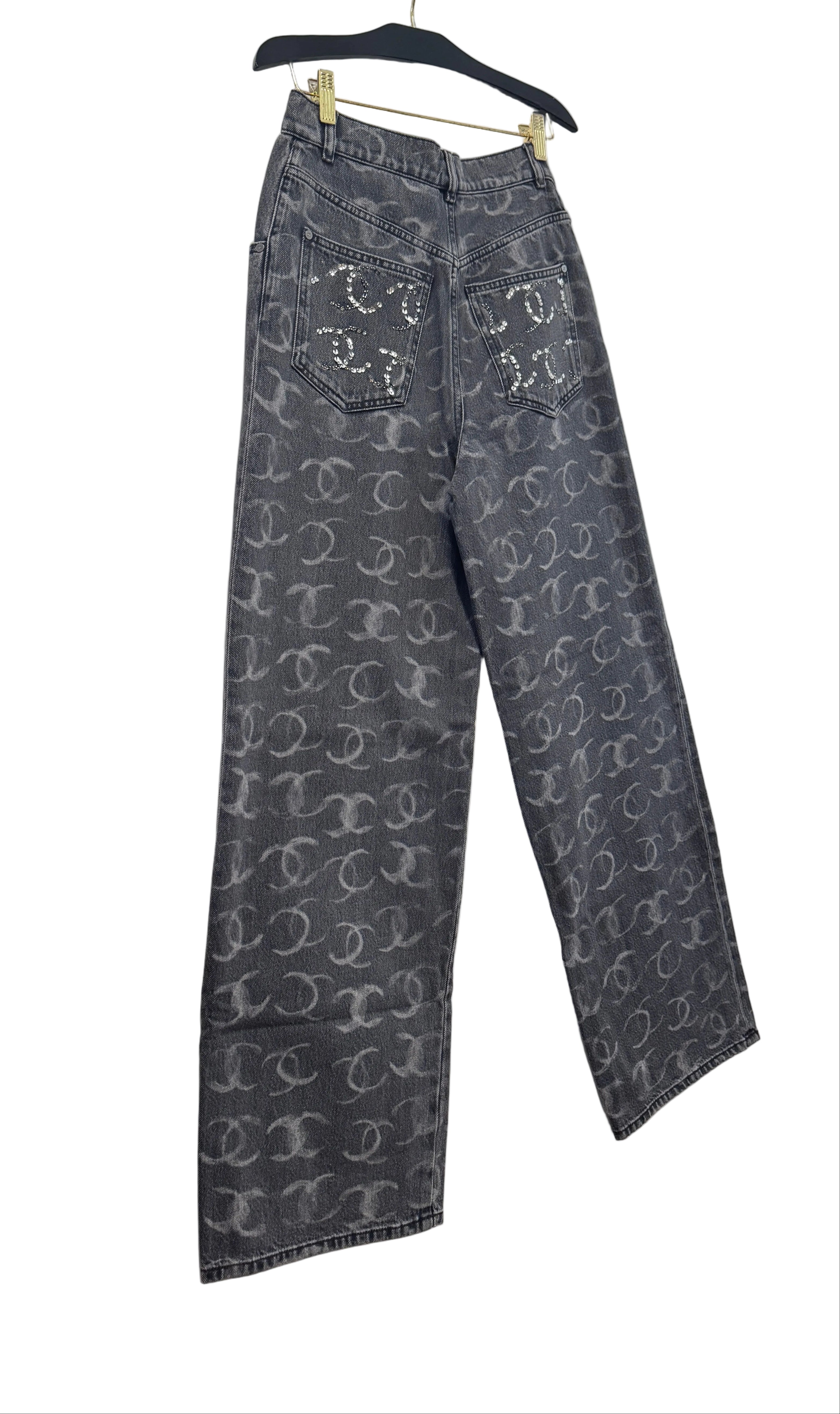 Chanel Black Denim Wide Leg Jeans with CC Logos