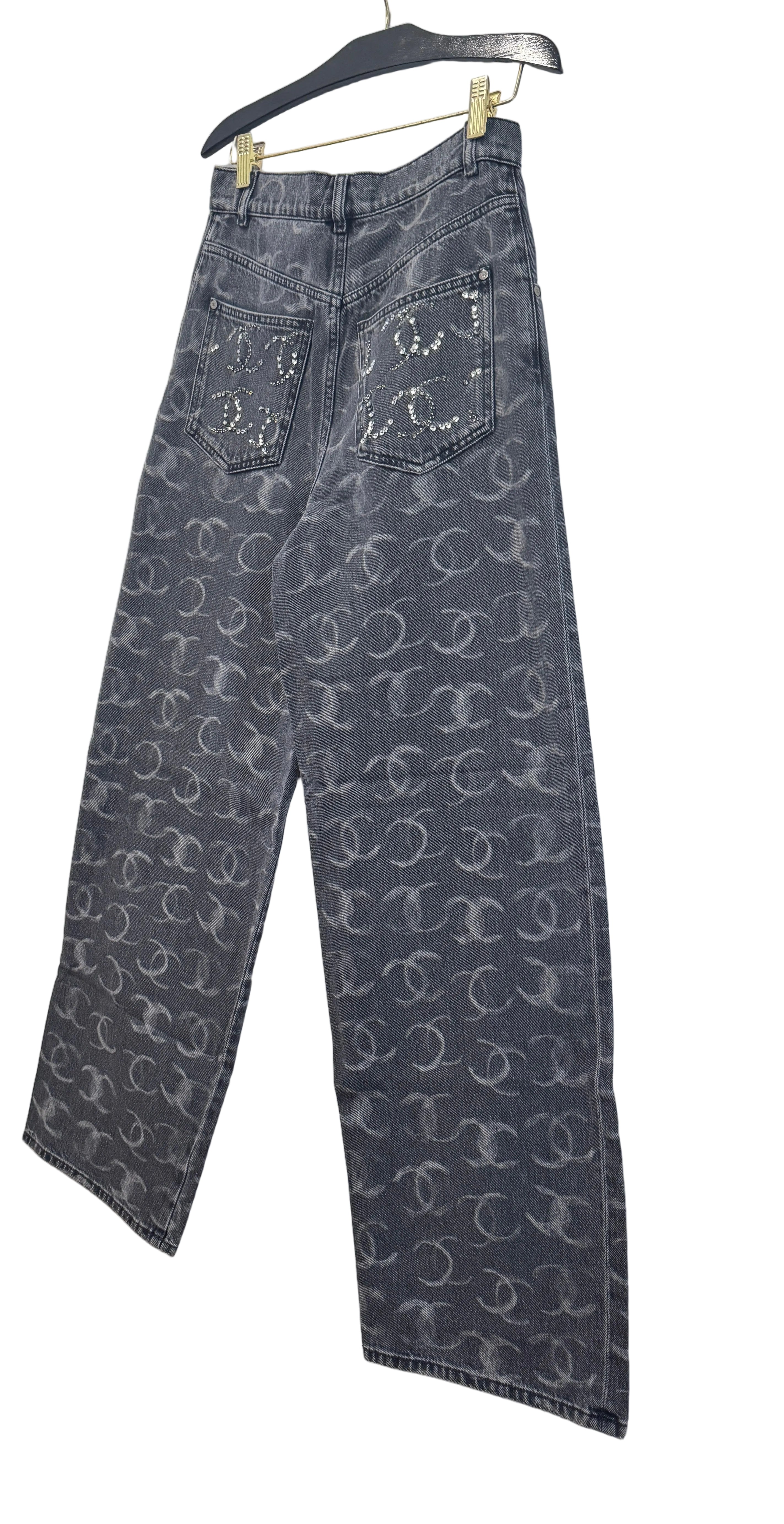 Chanel Black Denim Wide Leg Jeans with CC Logos