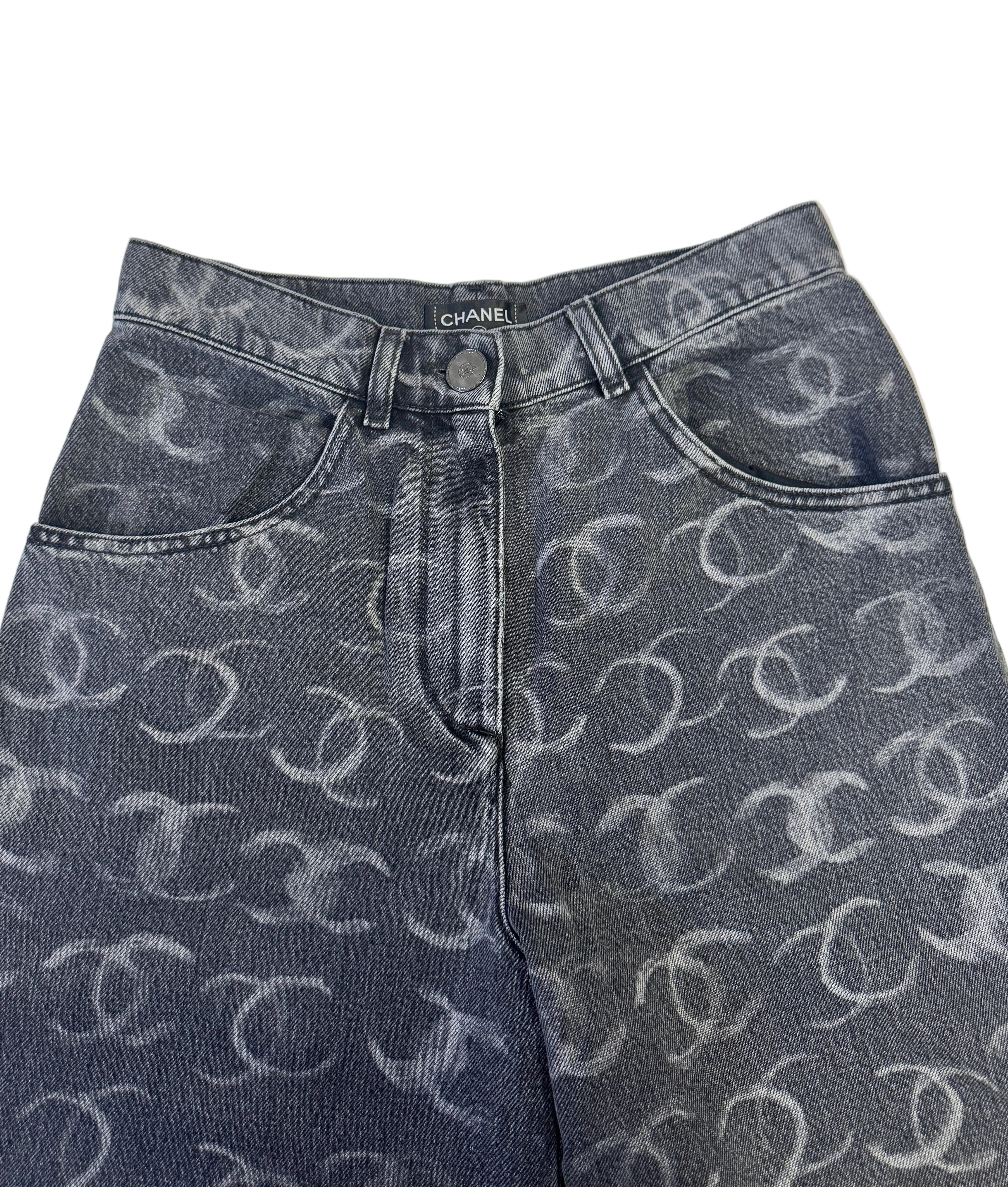 Chanel Black Denim Wide Leg Jeans with CC Logos