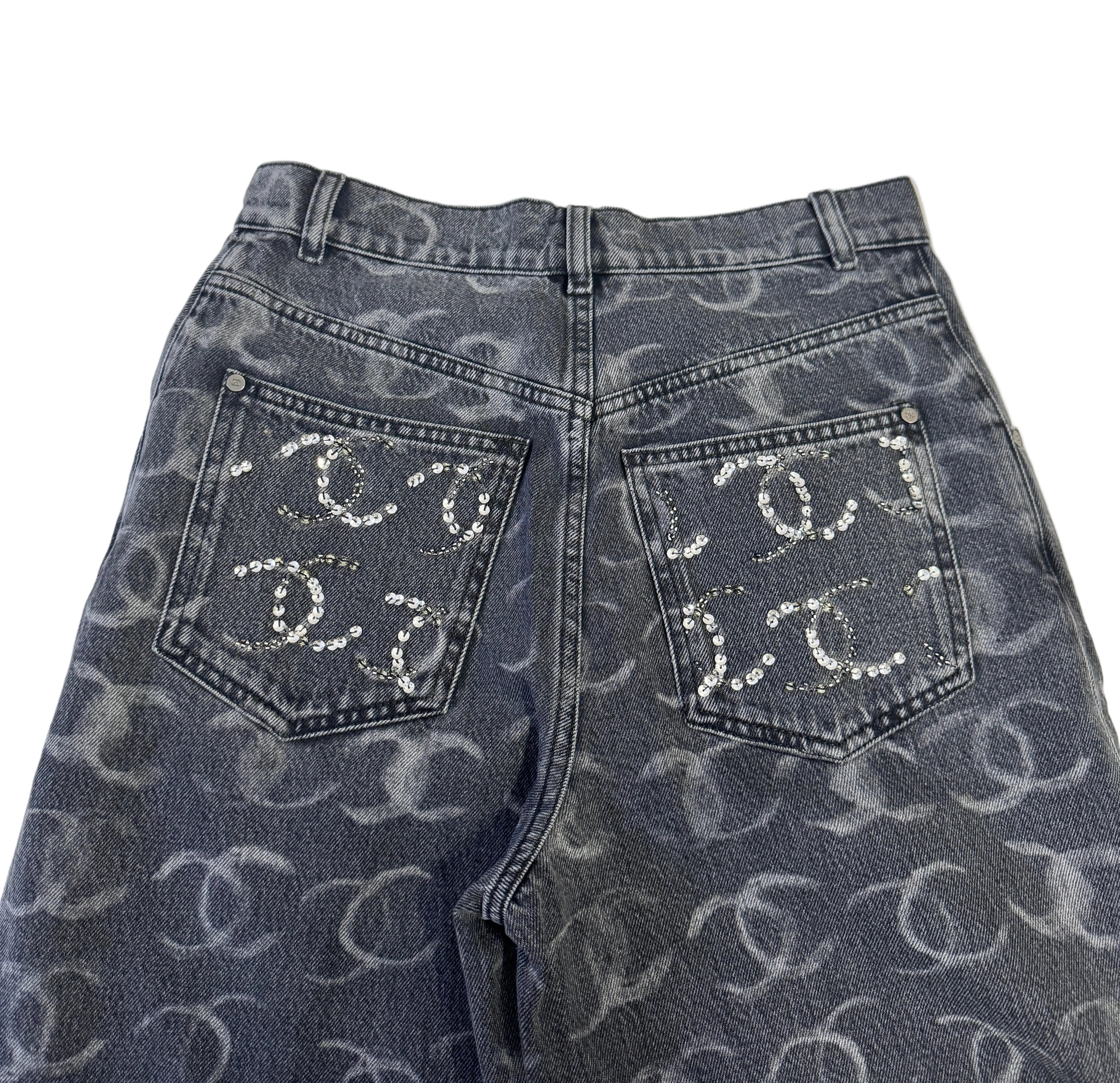 Chanel Black Denim Wide Leg Jeans with CC Logos