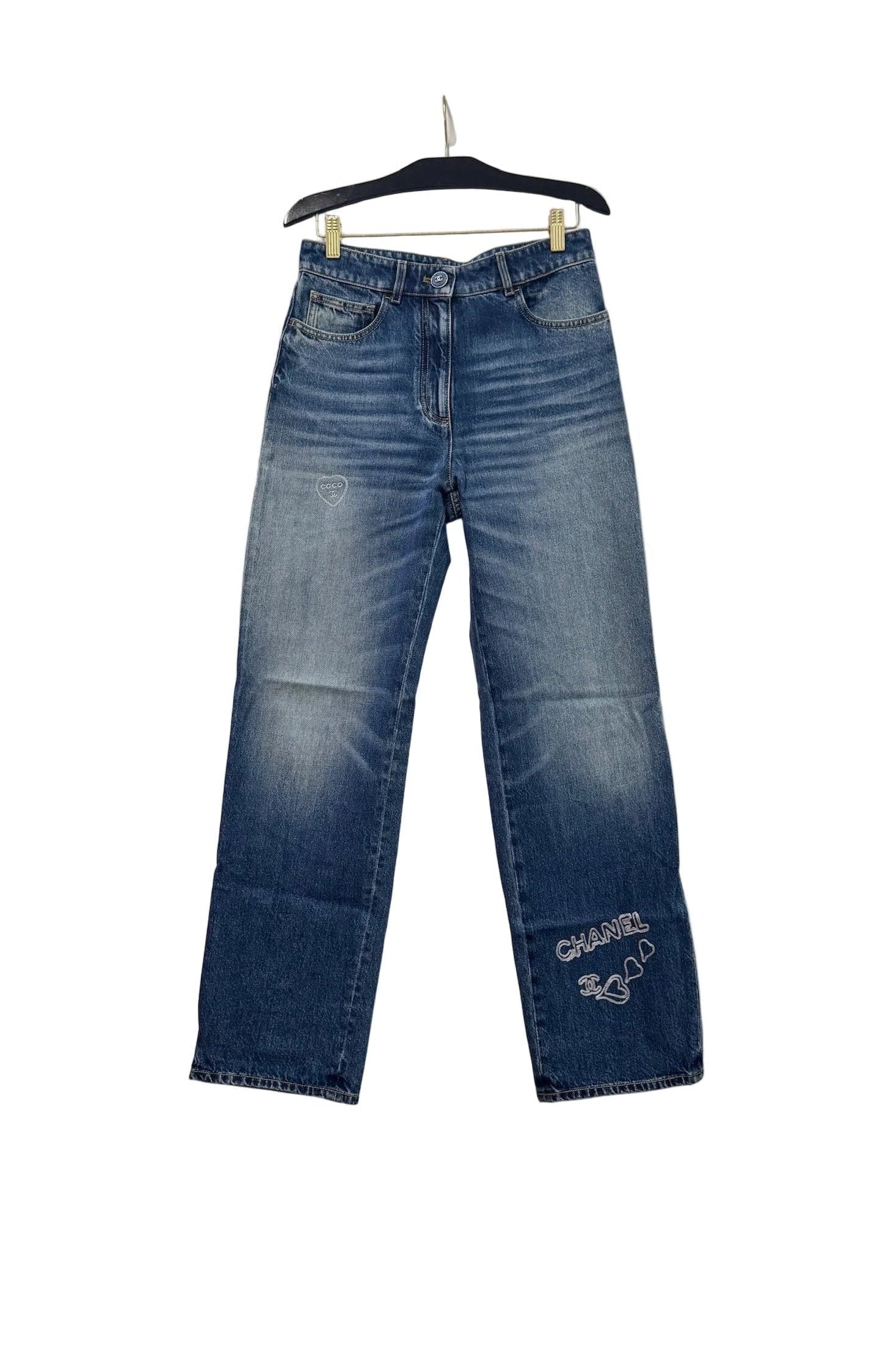 Chanel Blue Denim Jeans with Heart Embroidery