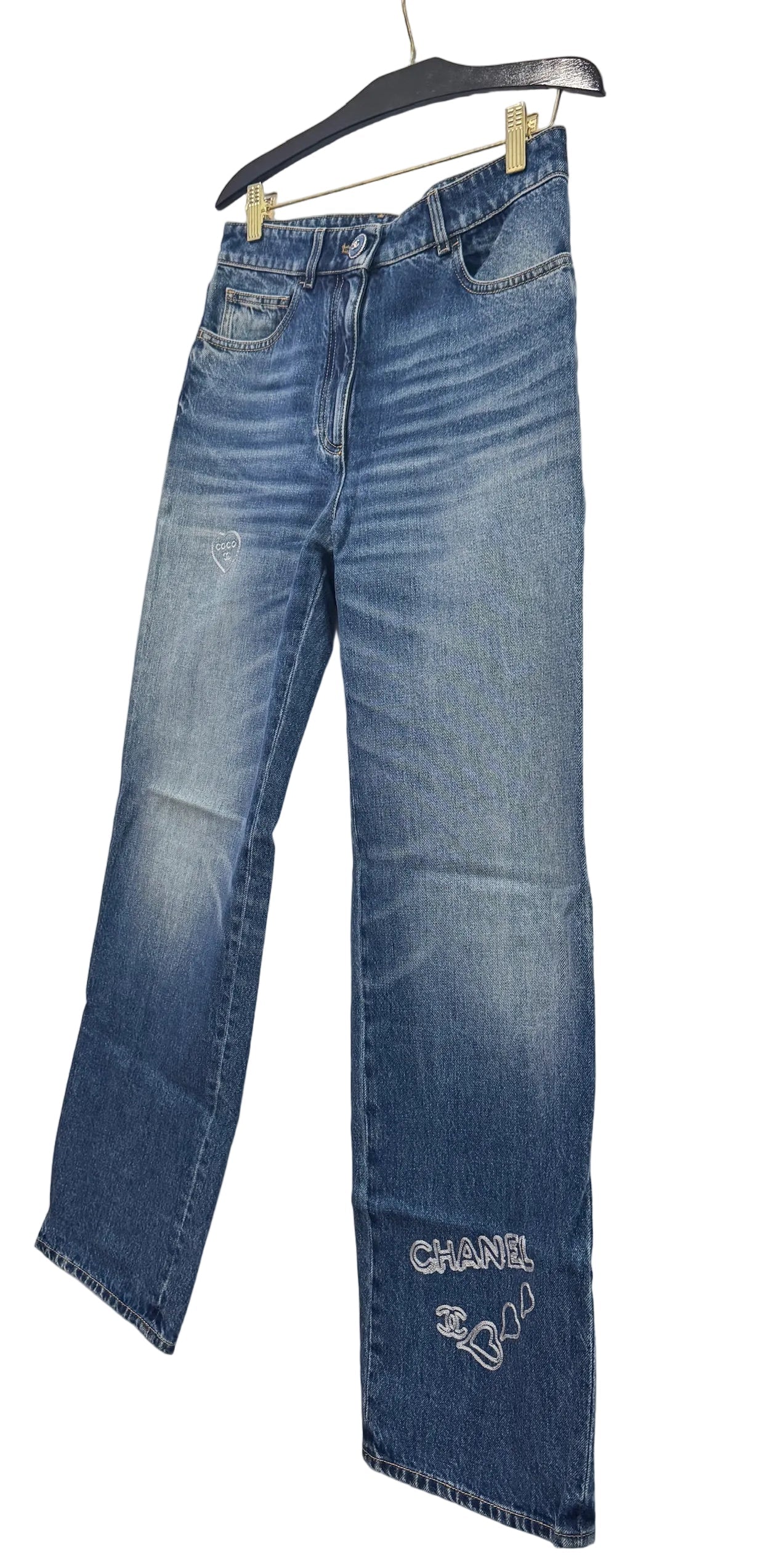 Chanel Blue Denim Jeans with Heart Embroidery