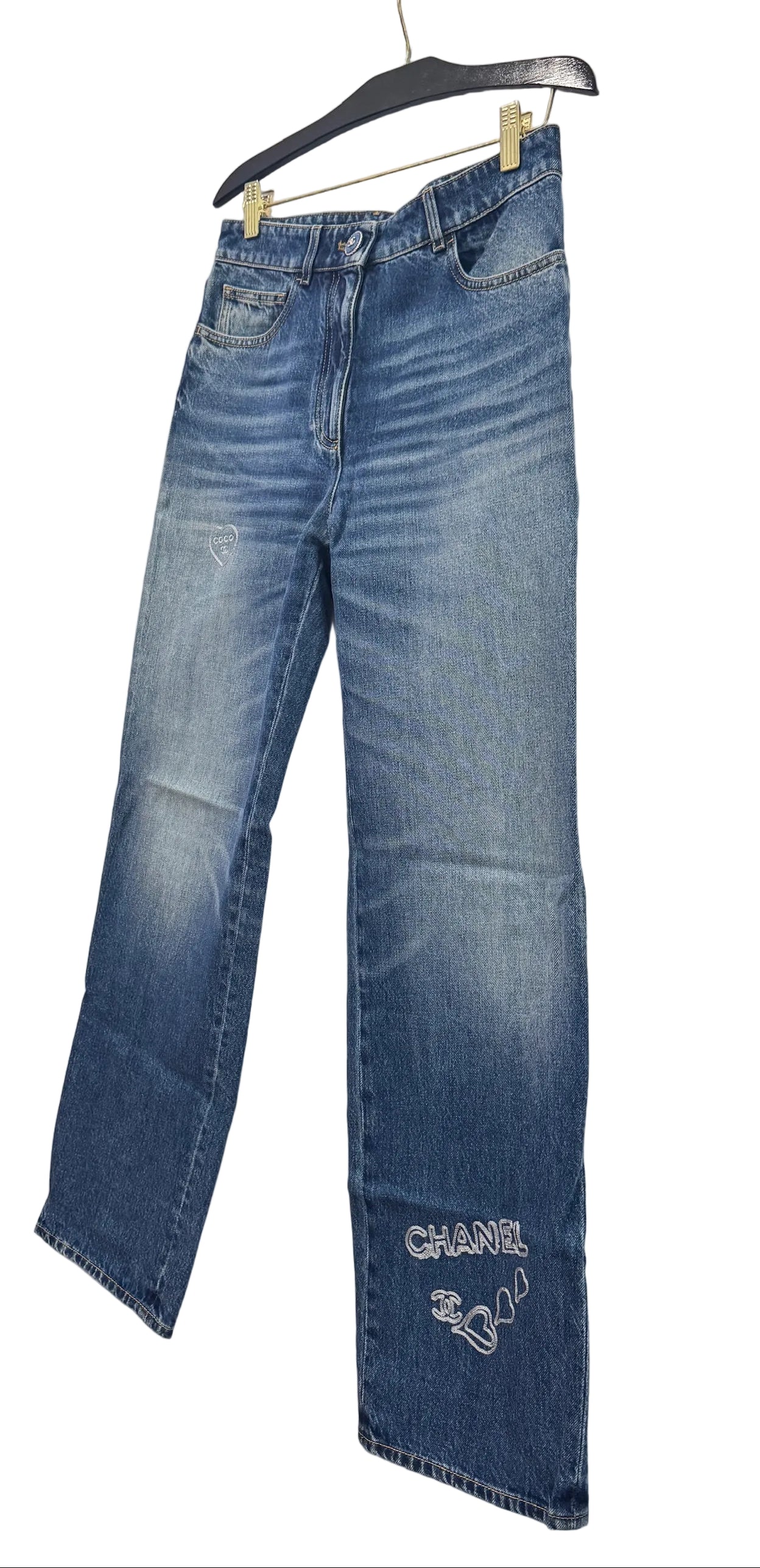 Chanel Blue Denim Jeans with Heart Embroidery
