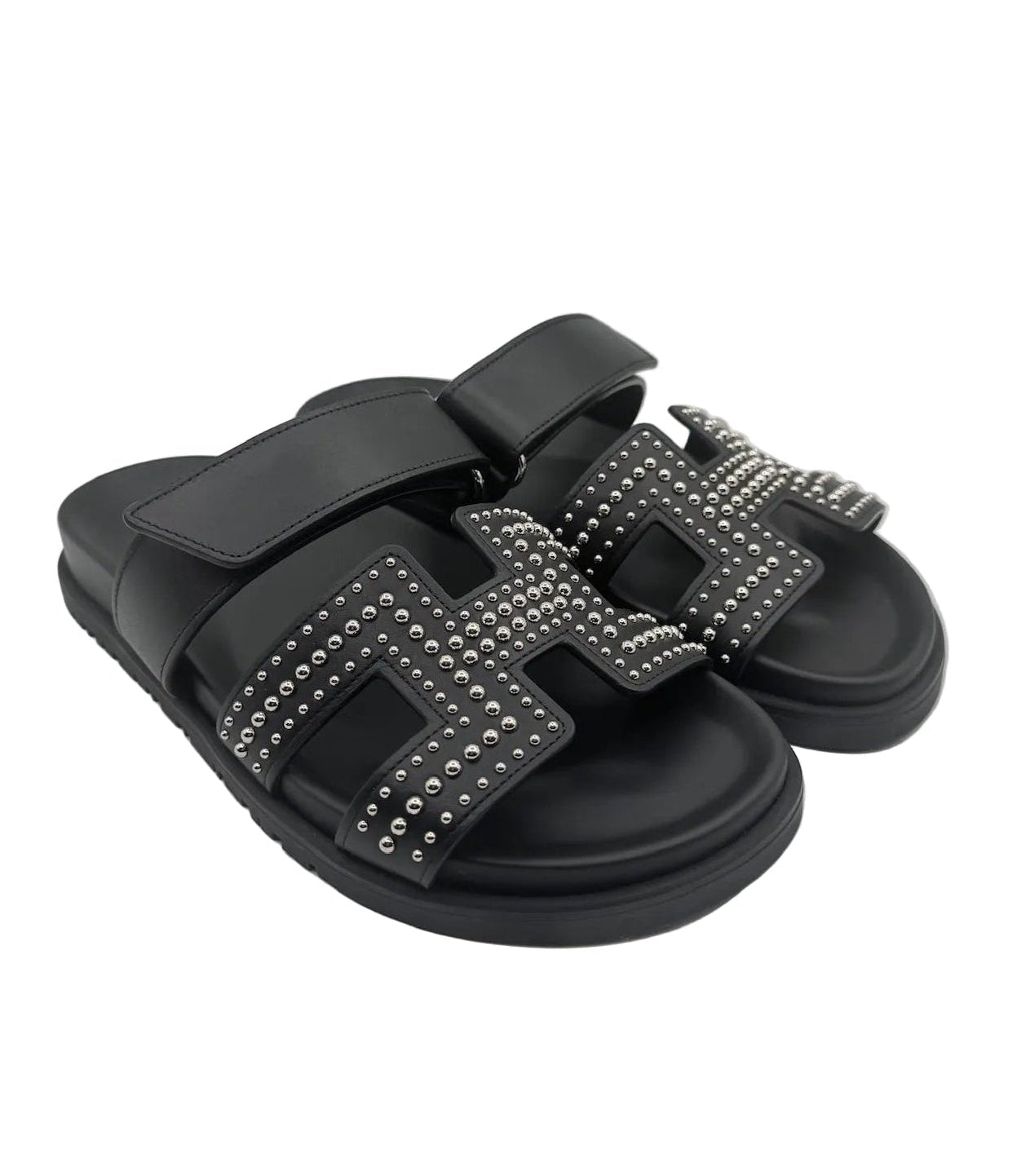 Hermès Black Leather Round Studs Chypre Sandals