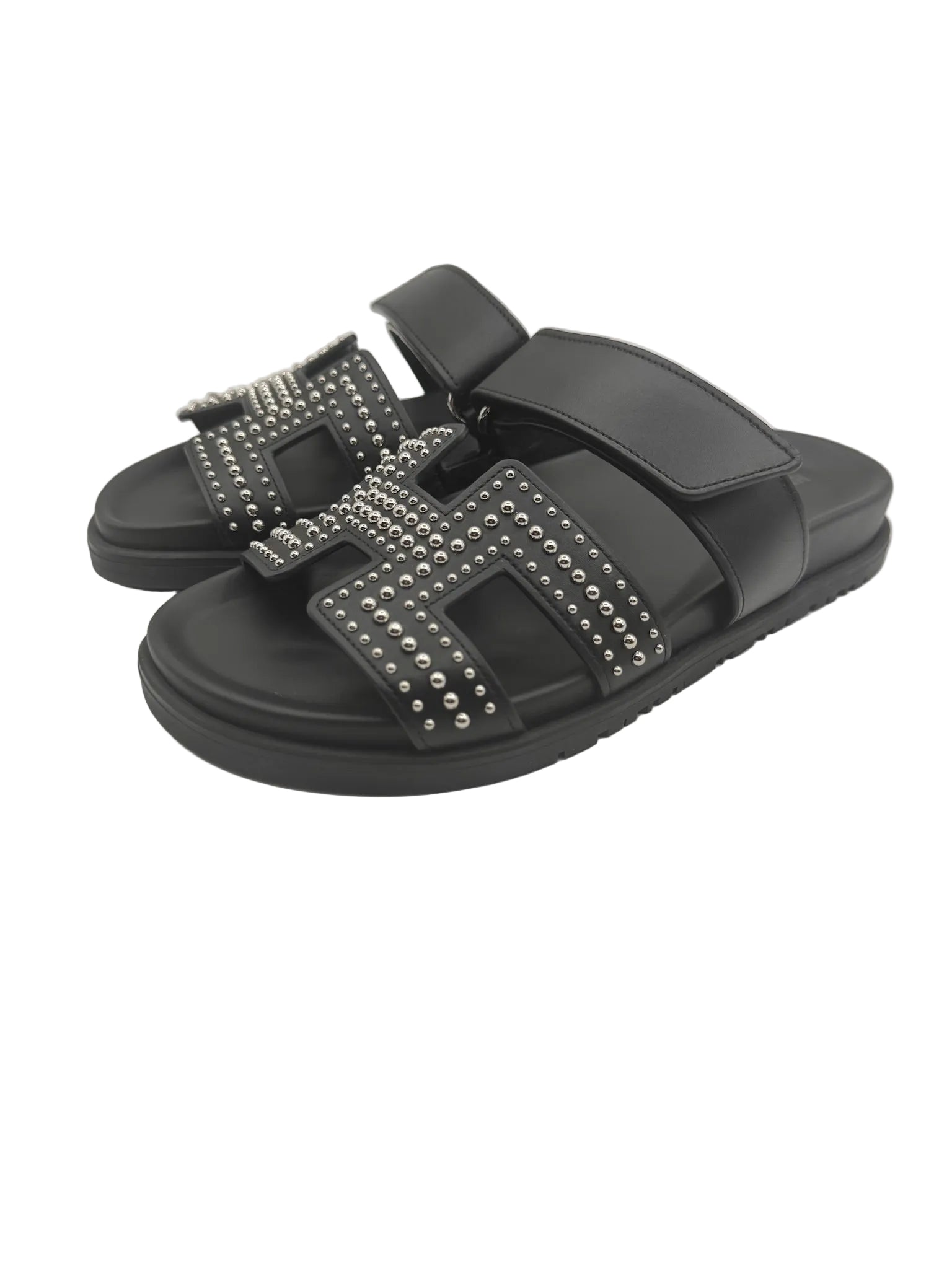 Hermès Black Leather Round Studs Chypre Sandals